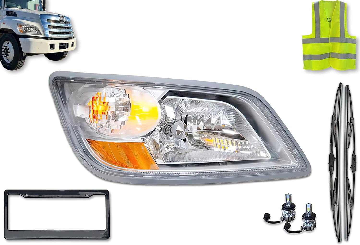 KOZAK Replacement Chrome Housing Headlight Assembly Compatible with Hino 145 165 185 238 258 268 338 (Right Passenger Side) PLUS 2x LED 4H Bulbs, Logo, Wipers, License Plate Frame and Vest