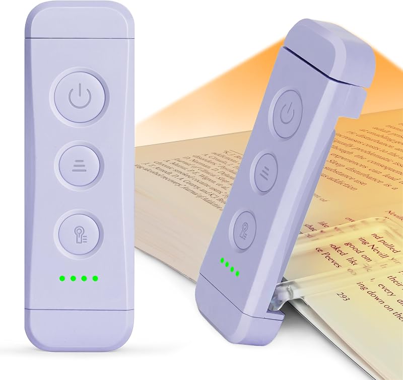 Glocusent Luz de libro recargable USB, luz de lectura LED portátil con clip | 3 colores ámbar y 5 brillos regulables, marcapáginas, cuidado de los ojos, regalo compacto, amantes de los libros, Navidad, accesorios para libros