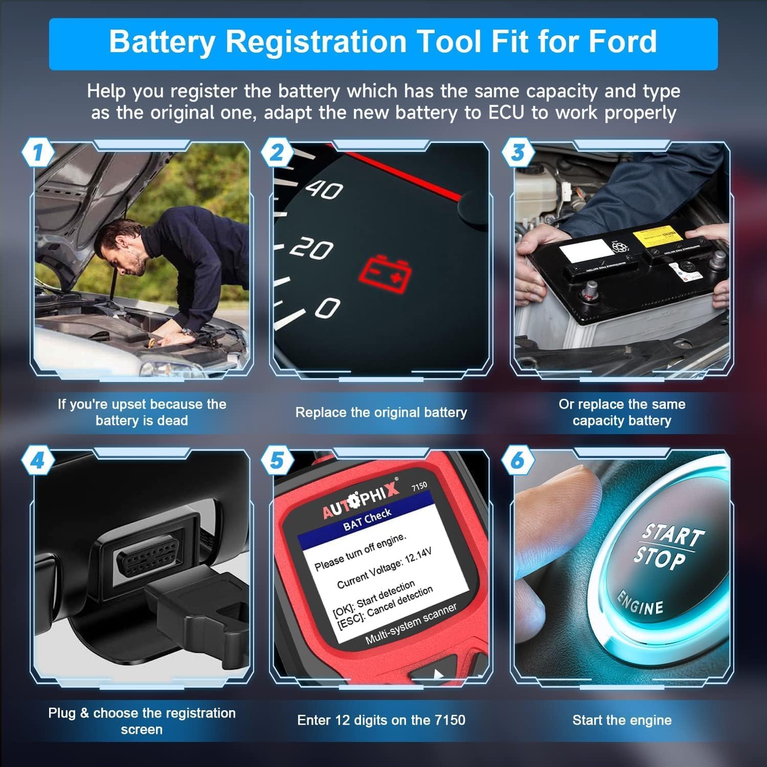 Six-step visual guide for battery registration using the AUTOPHIX 7150.