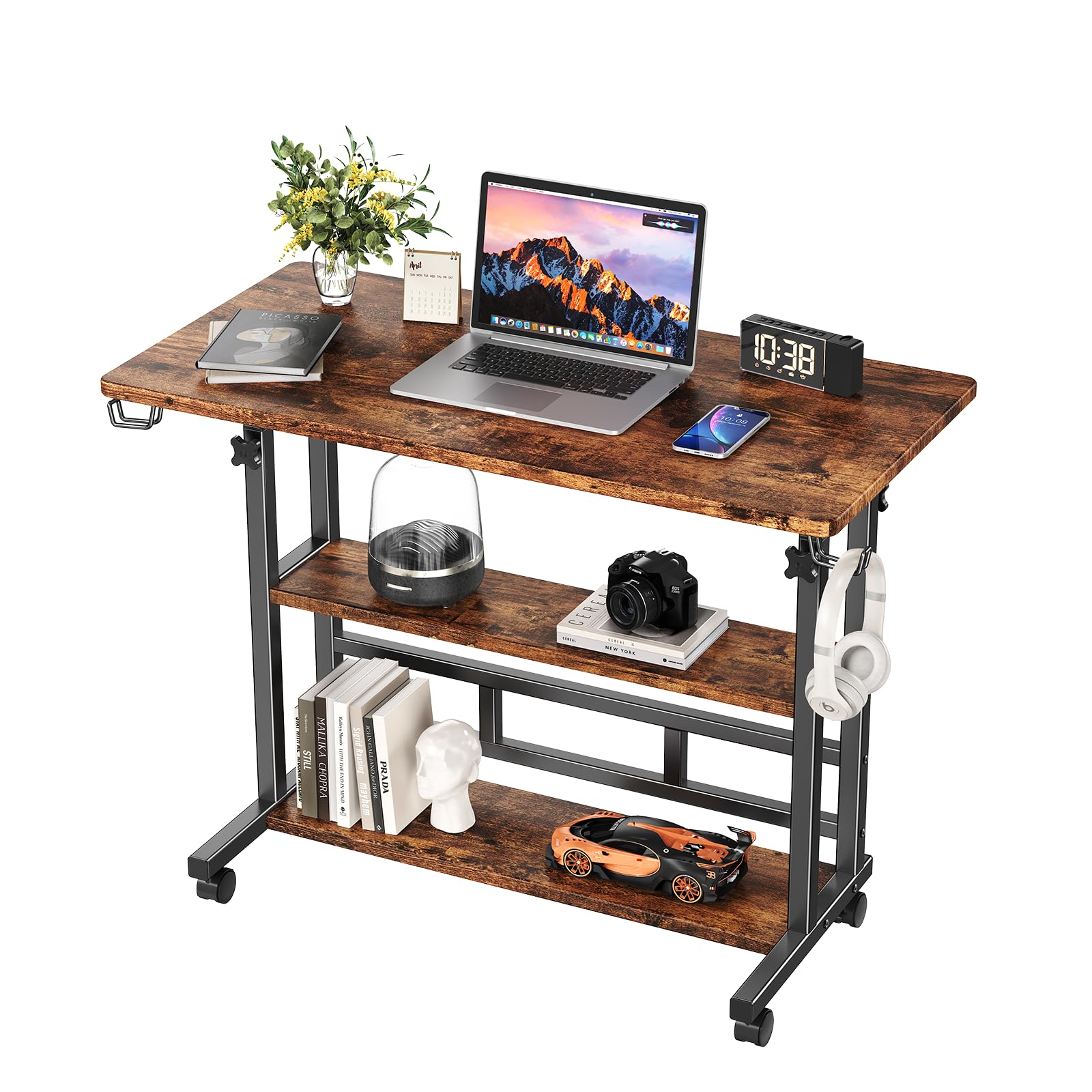 Adjustable Height Standing Desk, Rolling Stand Up Desk with Storage Shelves, 31.5" Small Mobile Computer Desk, Portable Laptop Table (Simple Brown)