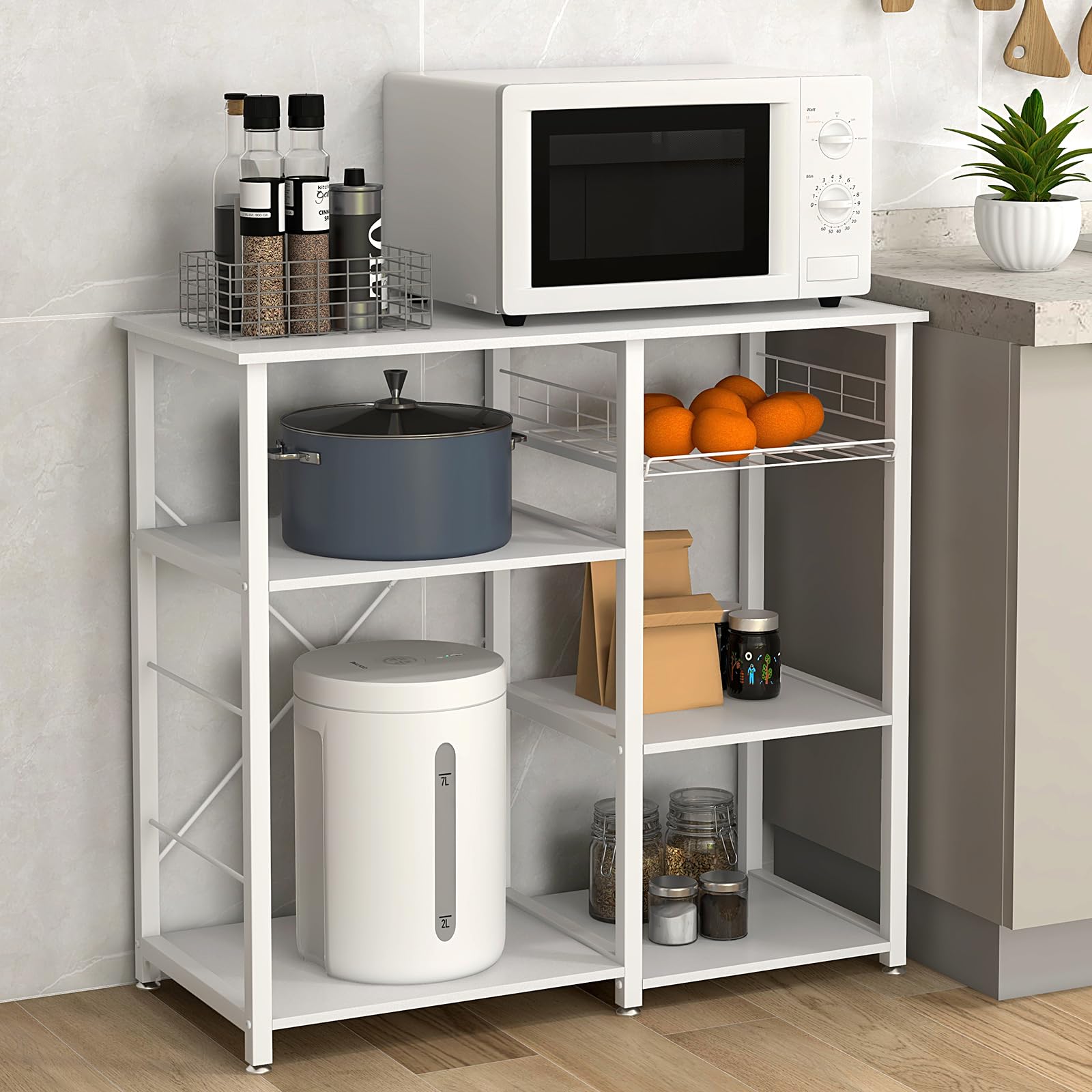 Wellynap Bakers Rack, 3-Tier Microwave Stand for Kitchens with Storage, Utility Storage Shelf with 5 Hooks and Basket for Spice Rack, White