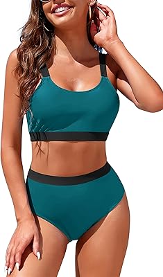 Womens High Waisted Bikini Sets Sporty Crop Top Color Block Swimwear Bandeau Scoop Neck Vintage Two Piece Bathing Suits