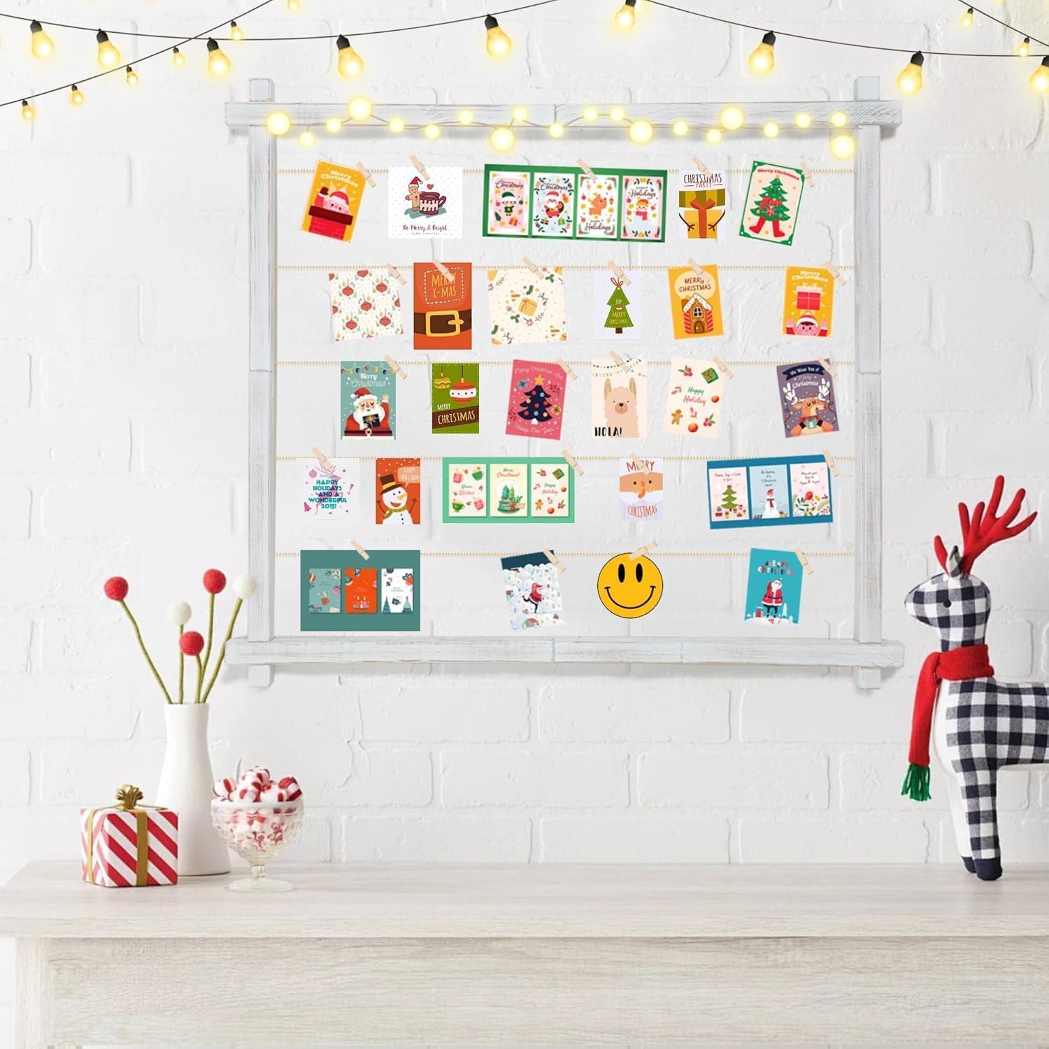Photo Display Board With Clips,Picture Frame Collage for Wall Decor,Hanging Pictures Organizer Holder Wood for Graduation Party Letter Postcard Greeting Card,Pine,Adjustable Metal Bead String,Large