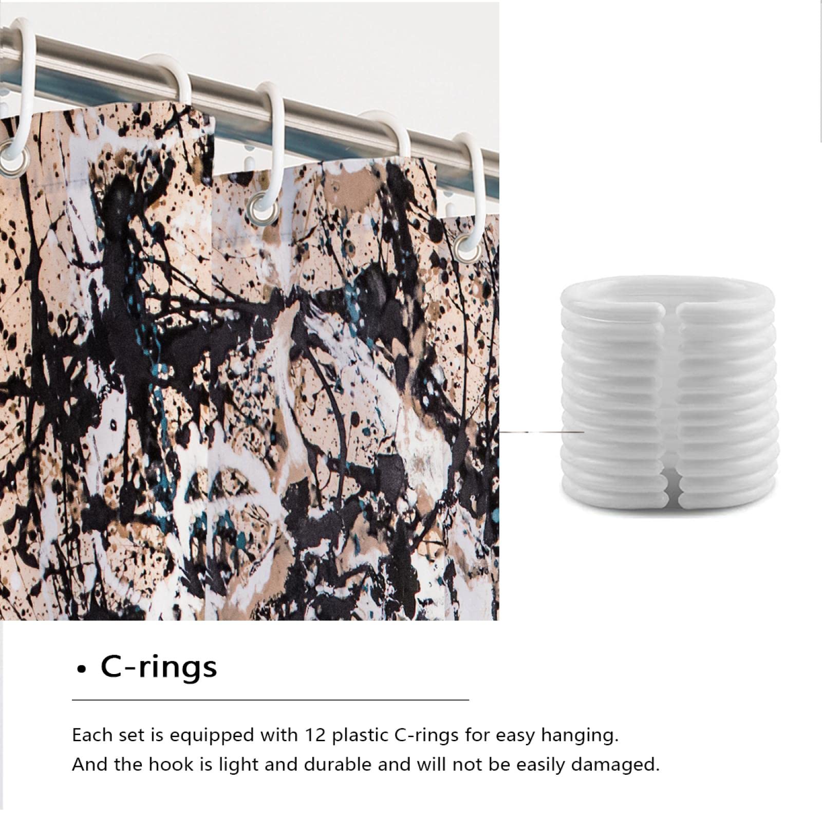 Jackson Pollock Juego de Cortinas de Ducha con Ganchos Abstract Splash Cortinas de Ducha Quick Dry Waterproof Washable Black Bathroom Curtain W150xL200cm