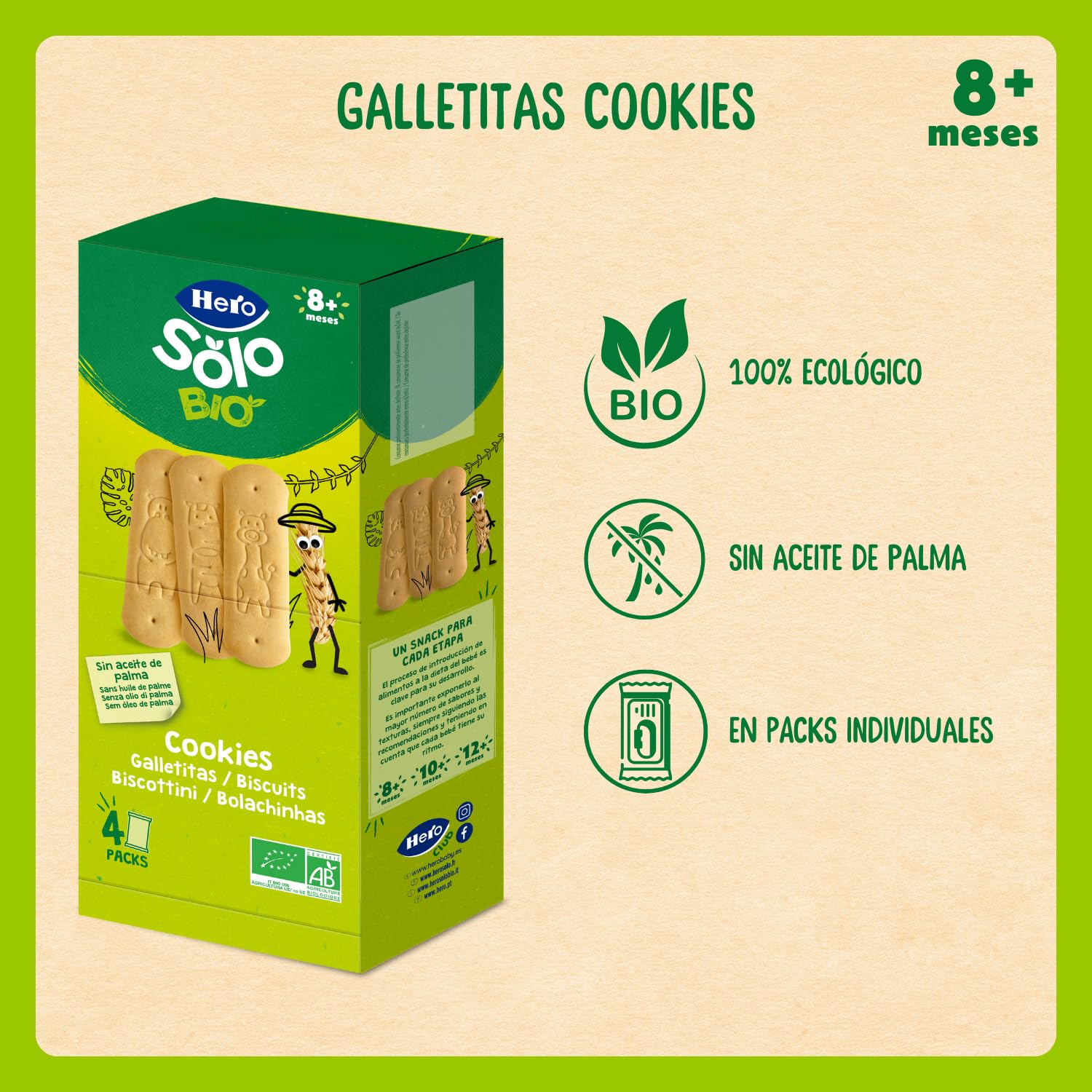Hero Solo, Pack Galletas Ecológicas Cookie Biscuit, Ingredientes 100% Naturales, Base de Cereales, Harina de Trigo, Sin Aceite de Palma, A Partir de 8 Meses, 160gx6uds, Para Bebés Desde 8 Meses