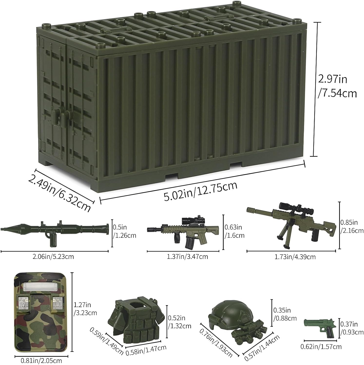 Military Weapons Pack with Shipping Cargo Container Army Equipment Helmet Armor 325Pcs Various of Military Accessories Building Block Toy Compatible with Major Brands Soldier Figures (Jungle Green)