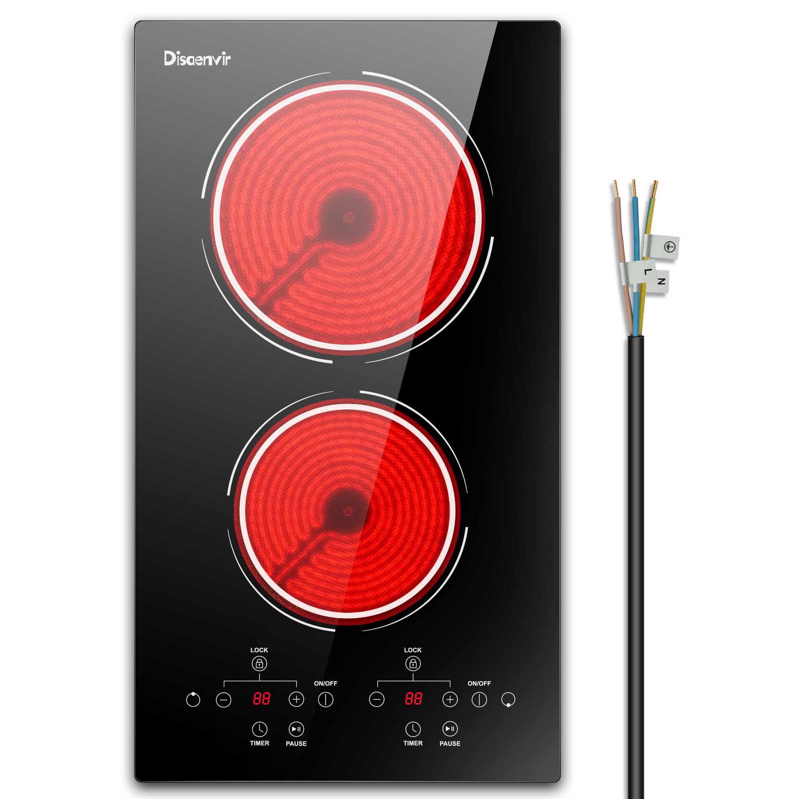 Placa Vitrocerámica 2 Fuegos 3000W, Vitroceramica Induccion Empotrable, Placa Electrica Cocina con Función de Pausa, Nivel de Potencia 9, Control de Tacto, Cronómetro