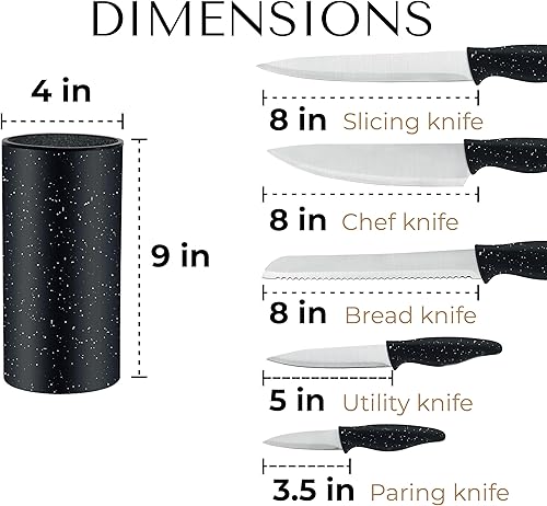 Miniatura 3 de Juego de cuchillos de 5 piezas con textura de granito negro, bloque de almacenamiento universal para cocina, cuchillas de acero inoxidable, asas