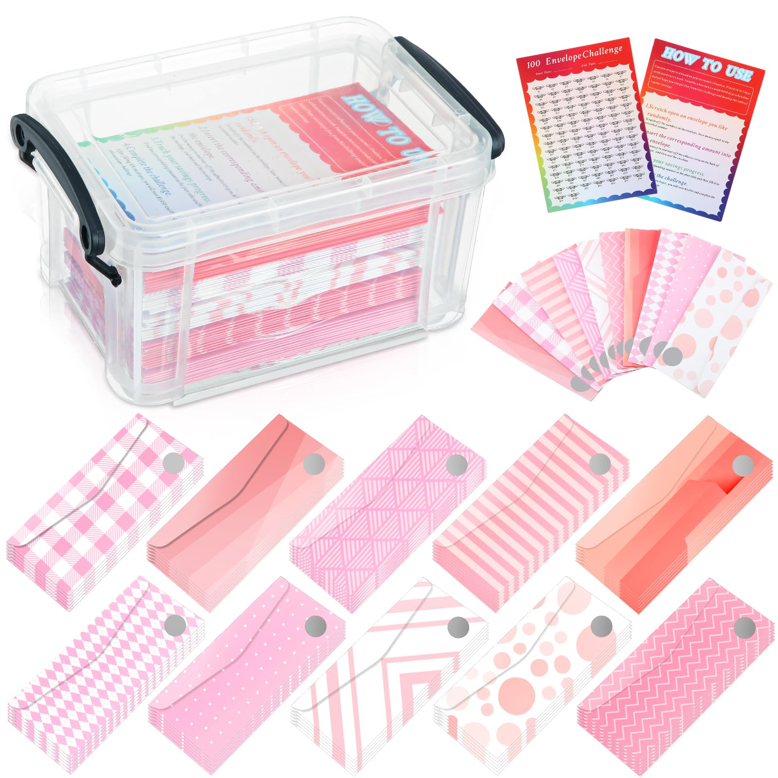 100 Envelopes Money Saving Challenge Kit Save 5050 Dollars in 100 Days Money Saving 100 Envelopes with Collection Box for Cash Challenge, Money Gift Idea (Pink Pattern)