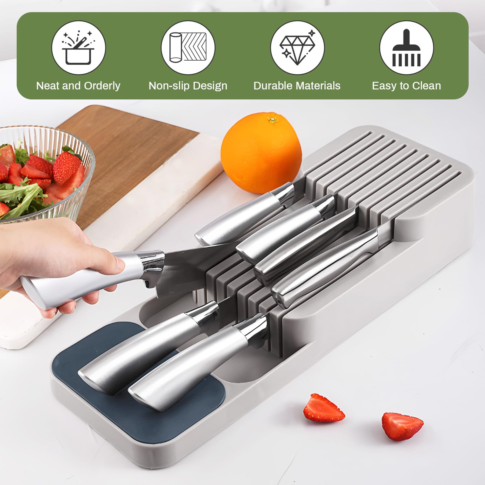 Cassetto per Coltelli,Ceppo Portacoltelli Senza Coltellis,Contenitore Porta Coltellis Chef,Posto per 9 Coltelli,per Una Facile Pulizia,per Cassetti, Piano di Lavoro, Cucina,Ufficio(Grigio)