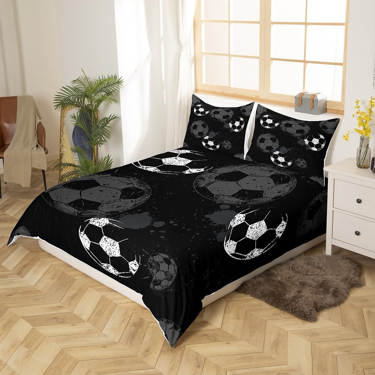 Soccer Pattern Bedding Set Twin Size for Kids Boys Bedroom,Sports Gaming Bed Duvet Cover Set,Black and White Comforter Cover Tie-dye Decor 2 Pieces 1 Duvet Cover with 1 Pillowcase No Comforter