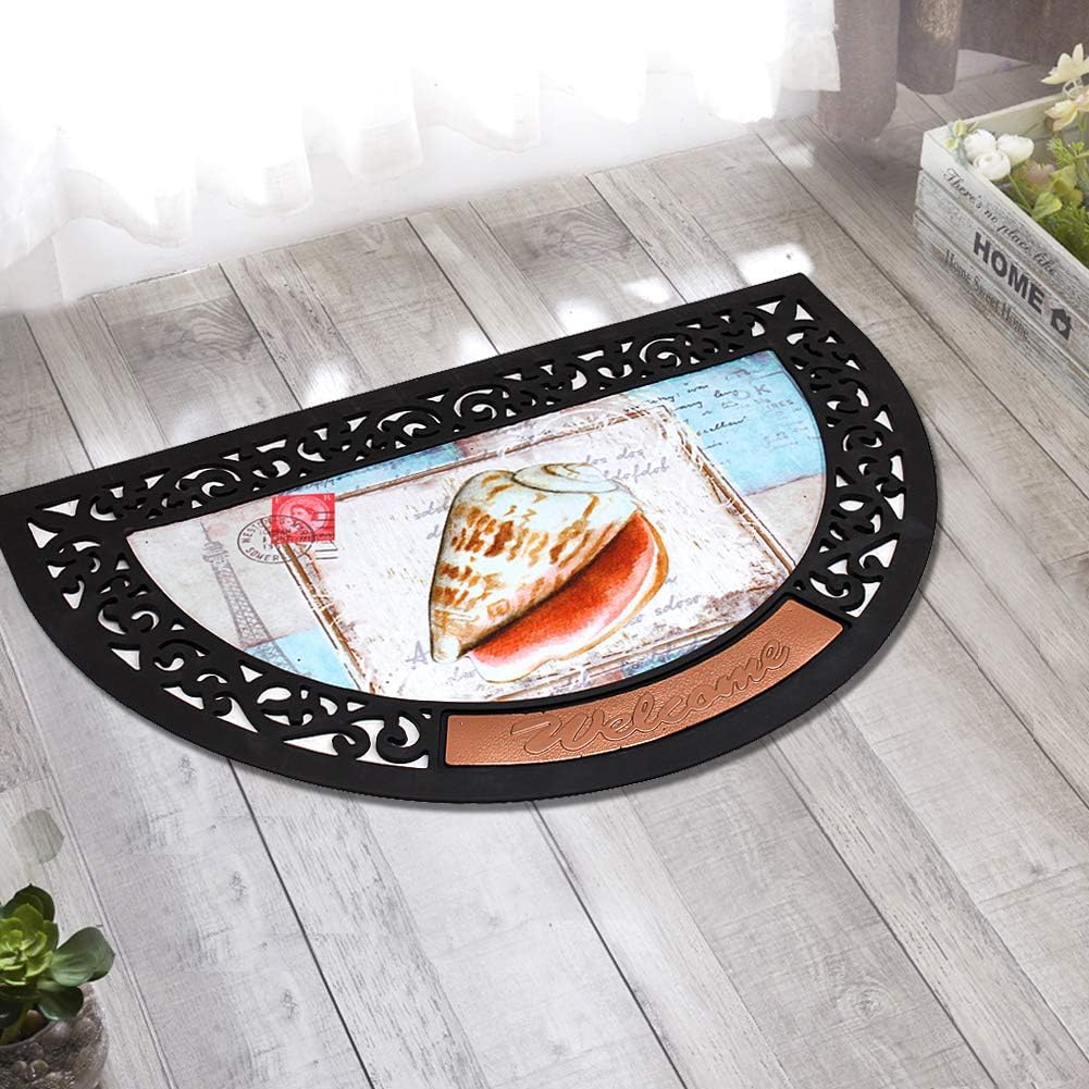 Half Round Rubber Welcome Door Mat, Decorative Indoor Outdoor Doormat Non Slip Front Door Mat, Easy to Clean Low Profile Mat for Entry Patio Garage High Traffic Areas (Conch Welcome Doormat)