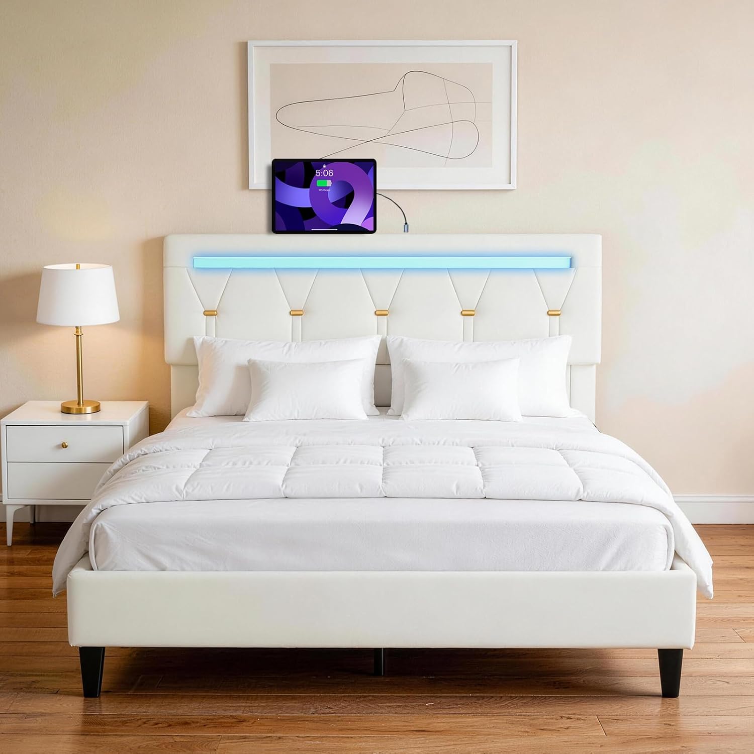 Queen Size Bed Frame with LED Lights and Charging Station, Faux Leather Linen Fabric Adjustable Headboard,Modern Upholstered Bed, Sturdy Wood Slat Support, White