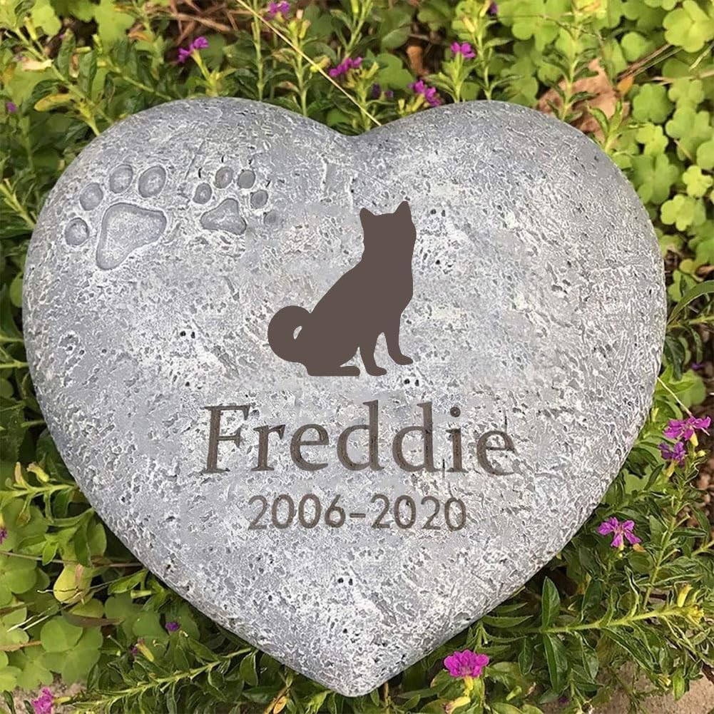 Customised Memorial Garden Stones, Engraved with Silhouette, Name and Date, Heart-Shaped Pet Headstones