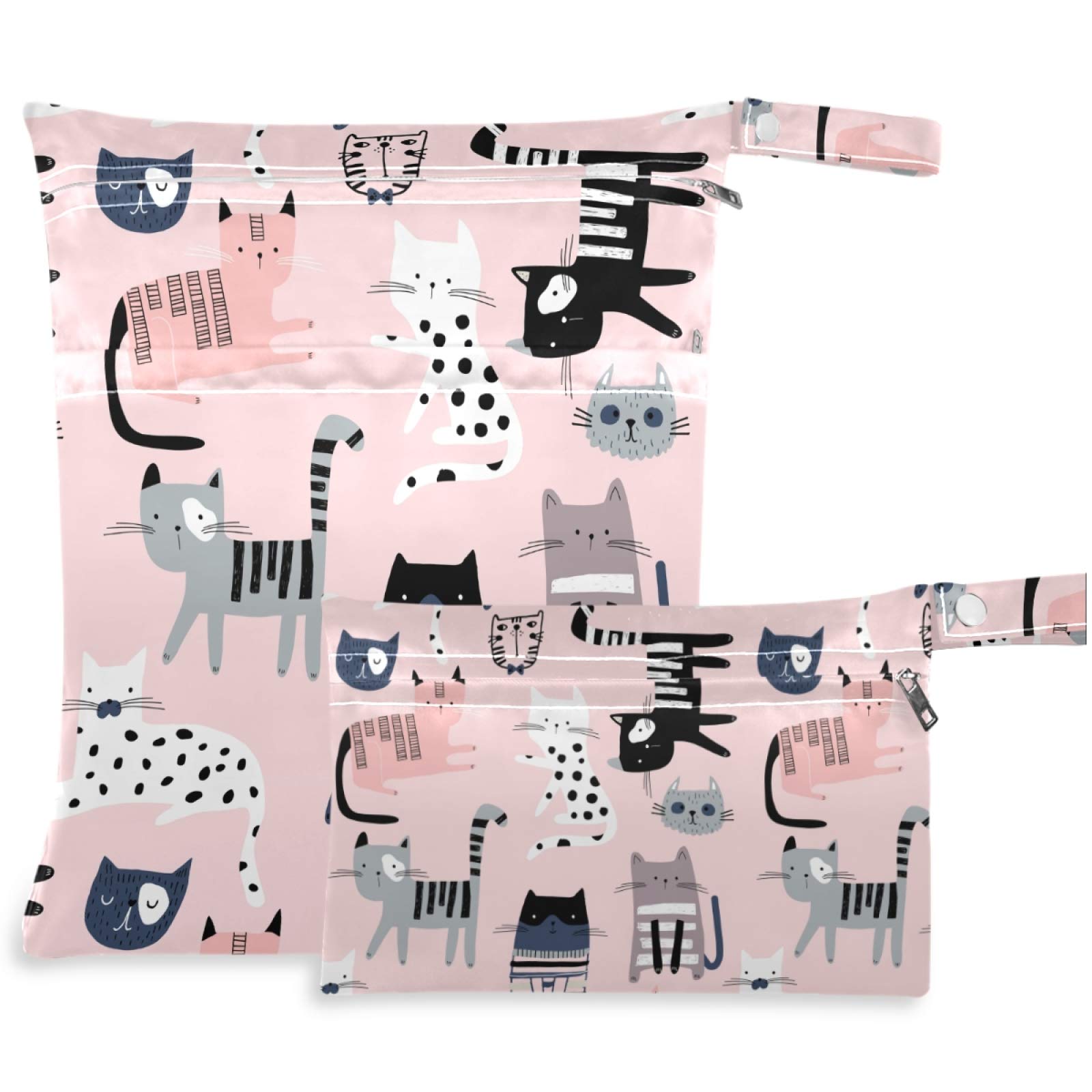 visesunny Cute Cat Dot 2Pcs Wet Bag with Zippered Pockets Washable Reusable Roomy for Travel,Beach,Pool,Daycare,Stroller,Diapers,Dirty Gym Clothes, Wet Swimsuits, Toiletries-image-33
