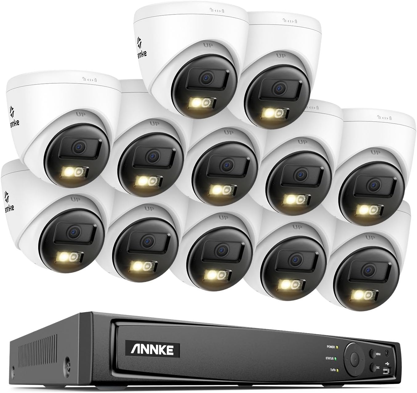 ANNKE 8MP Security Camera System, 16CH NVR Recorder with AI Human/Vehicle Detection, 12X 4K Turret PoE Cams with Color Night Vision, 2-Way Talk, Compatible with Alexa, IP67 Weatherproof, NO HDD