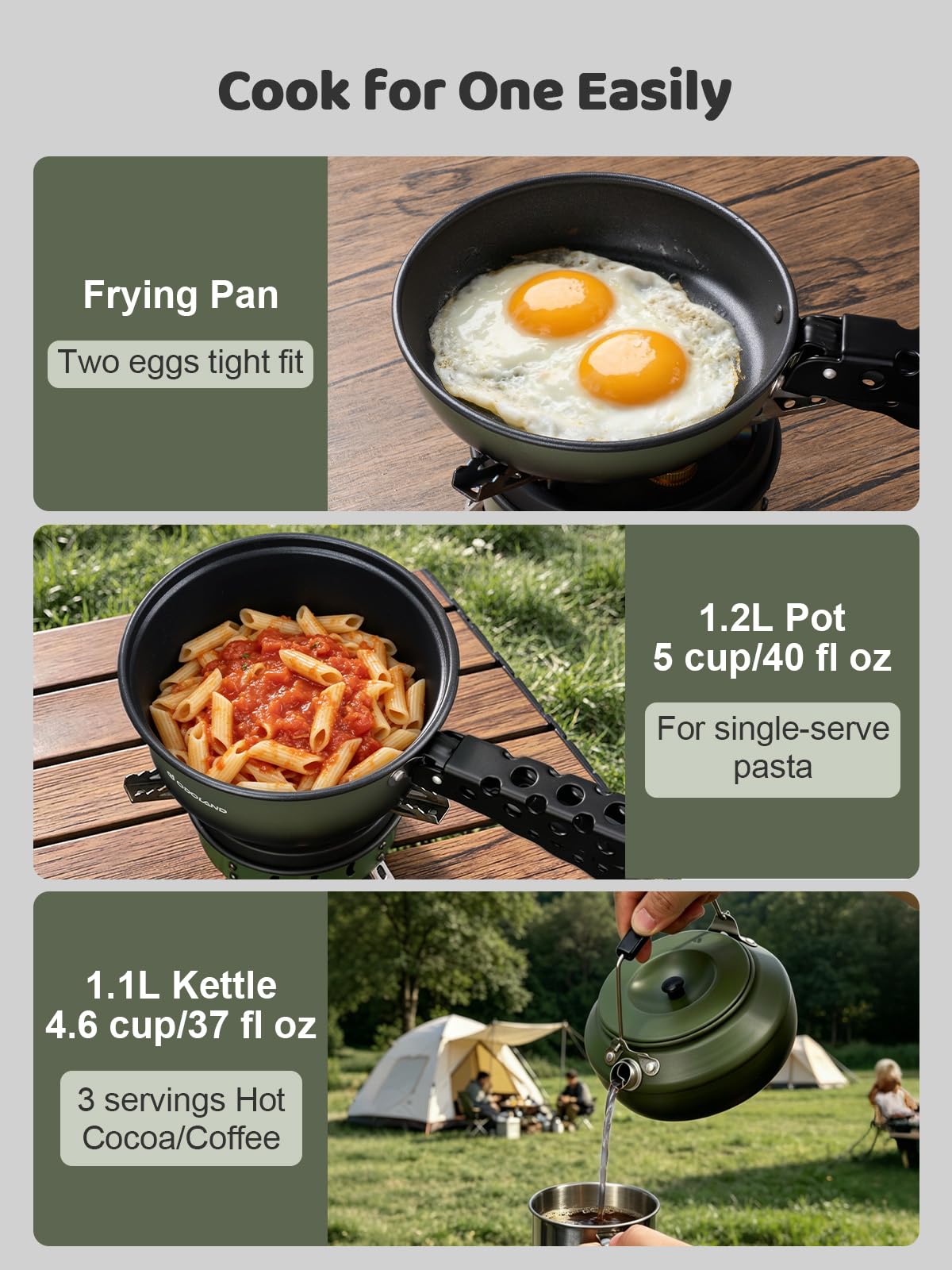 Odoland Kit da 5 pentole da campeggio, antiaderenti, leggere, con manico rimovibile, perfetto per escursioni, campeggio, escursioni e picnic