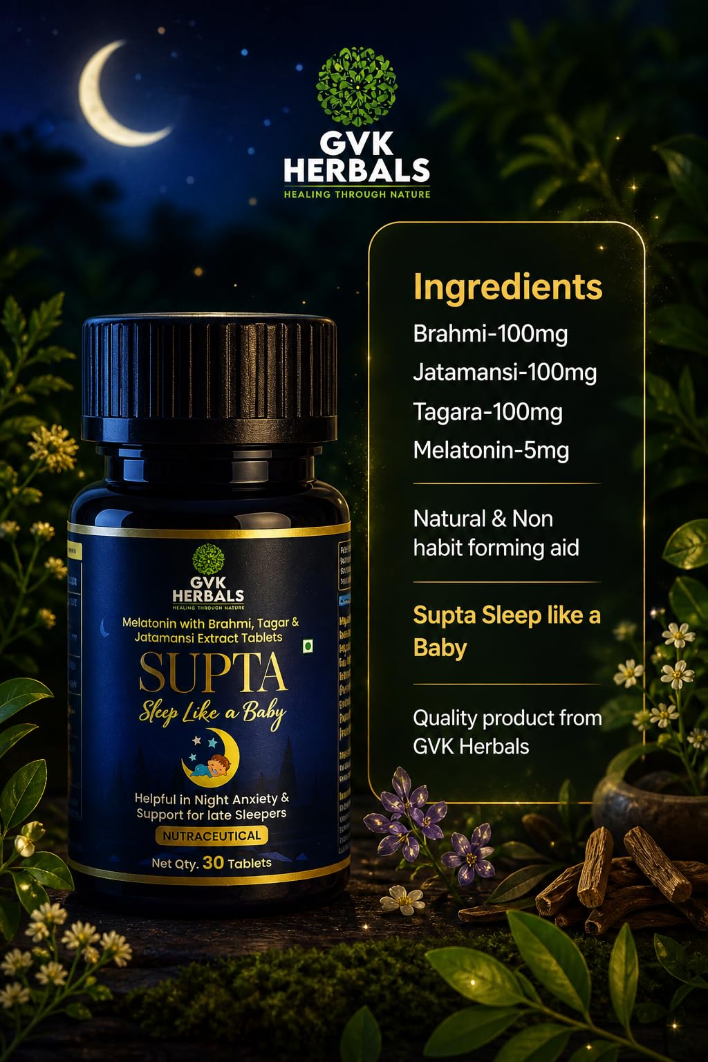 Supta Ayurvedic Sleep Support Tablets Brahmi Tagar Jatamansi Melatonin 5mg Calm Mind Relaxation Night Support 30 Tablets GVK Herbals — Amazon image 2