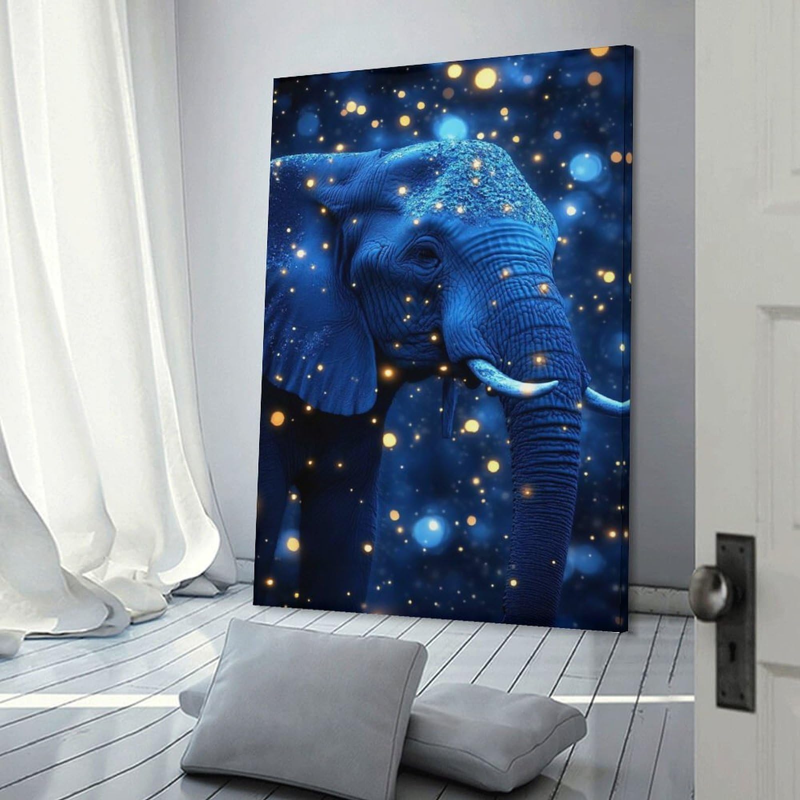 Junmoney Frame-Style-5 Blue Elephant With Glowing Lights Decorative Wall Artwork, 24X36inch(60X90cm), For Hallway, Lounge Or Guest Room, Decorative Present For New Homes