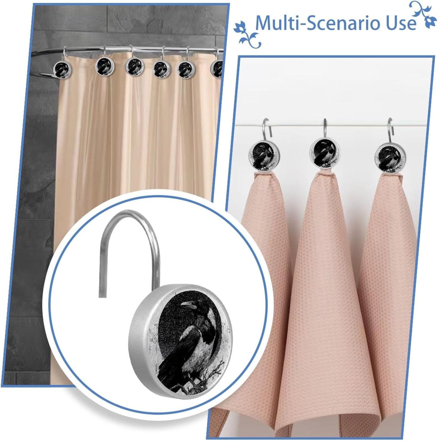 Set of 12 Crow (8) Shower Curtain Hooks, Stainless Steel Rust-Resistant Decorative Hanger Rings