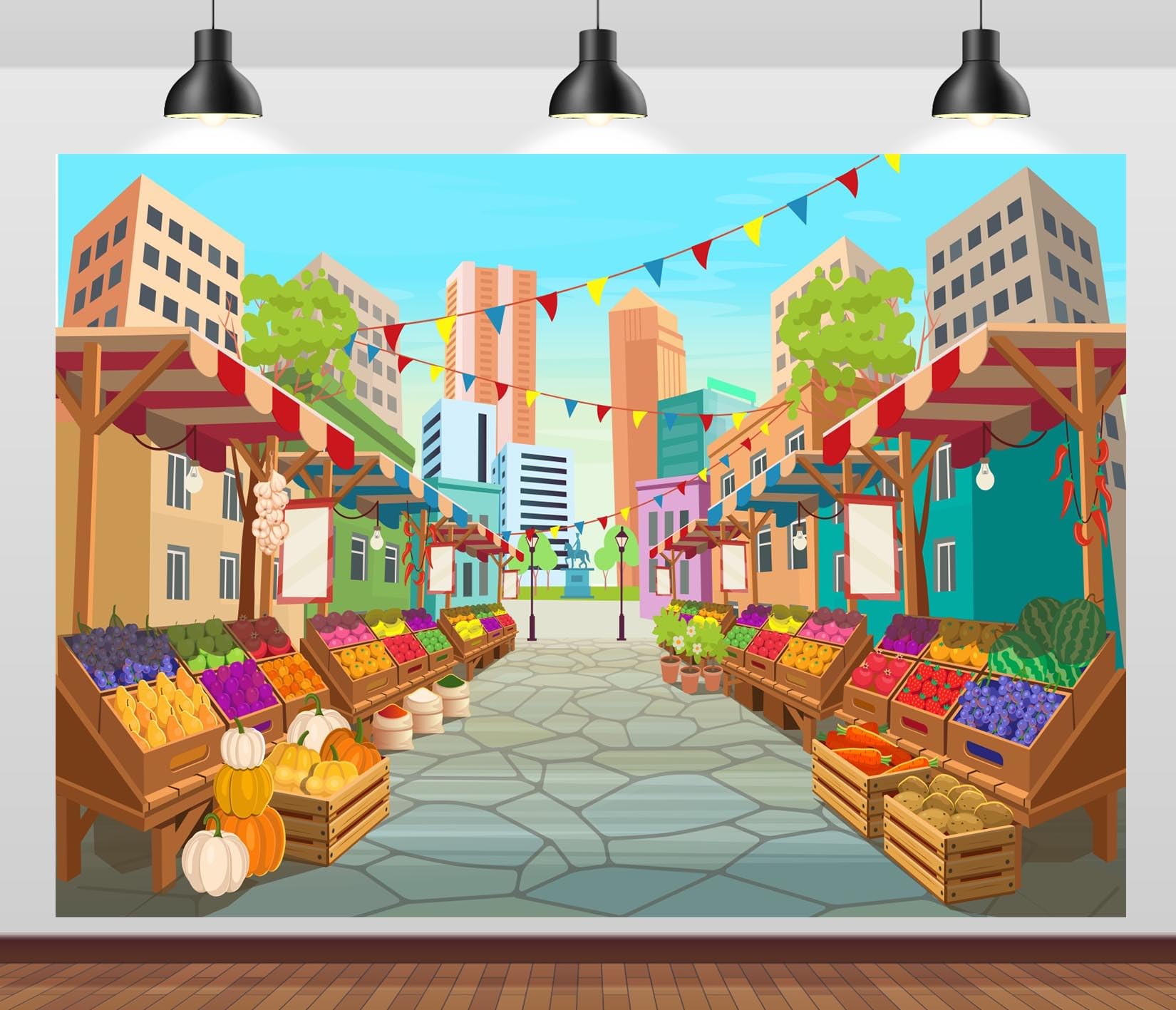 BELECO 7x5ft Fabric Cartoon Farmers Market Backdrop Fresh Farm Vegetables and Fruits, Farmers Market Stall Background for Themed Party Decorations