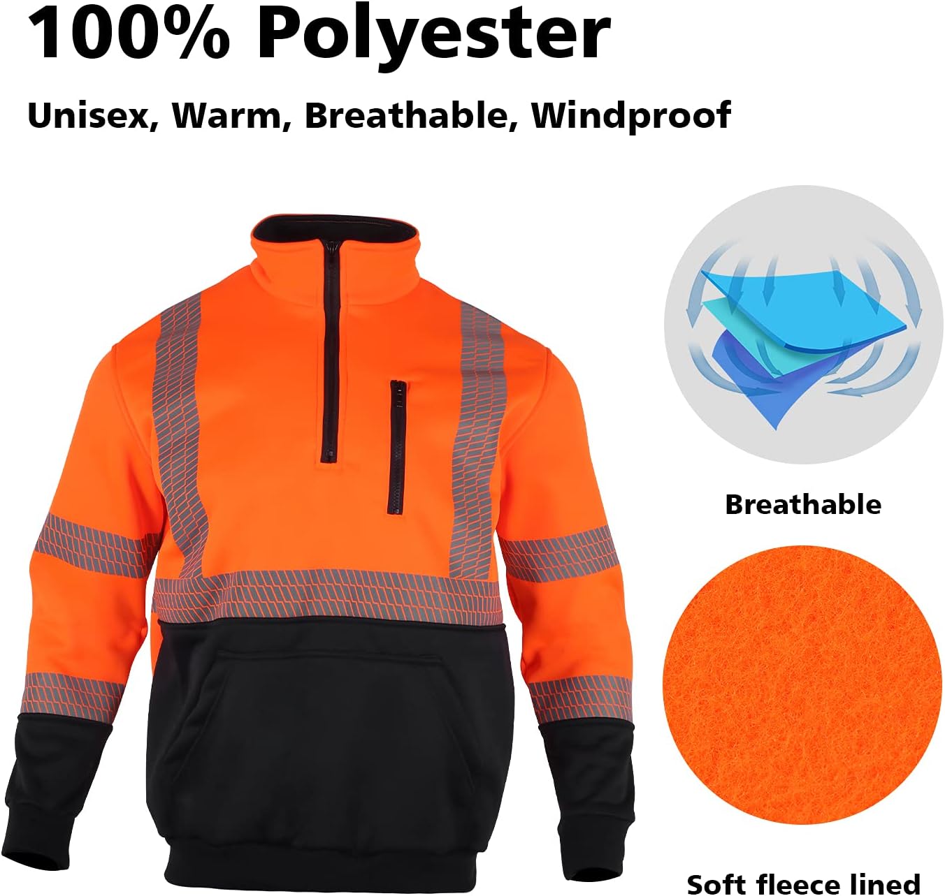 VENDACE Hi Vis Safety Reflective Sweatshirt for Men ANSI Class 3 High Visibility Fleece 1/4 Zipper Jacket No Hood (Orange,2XL) - Image 5