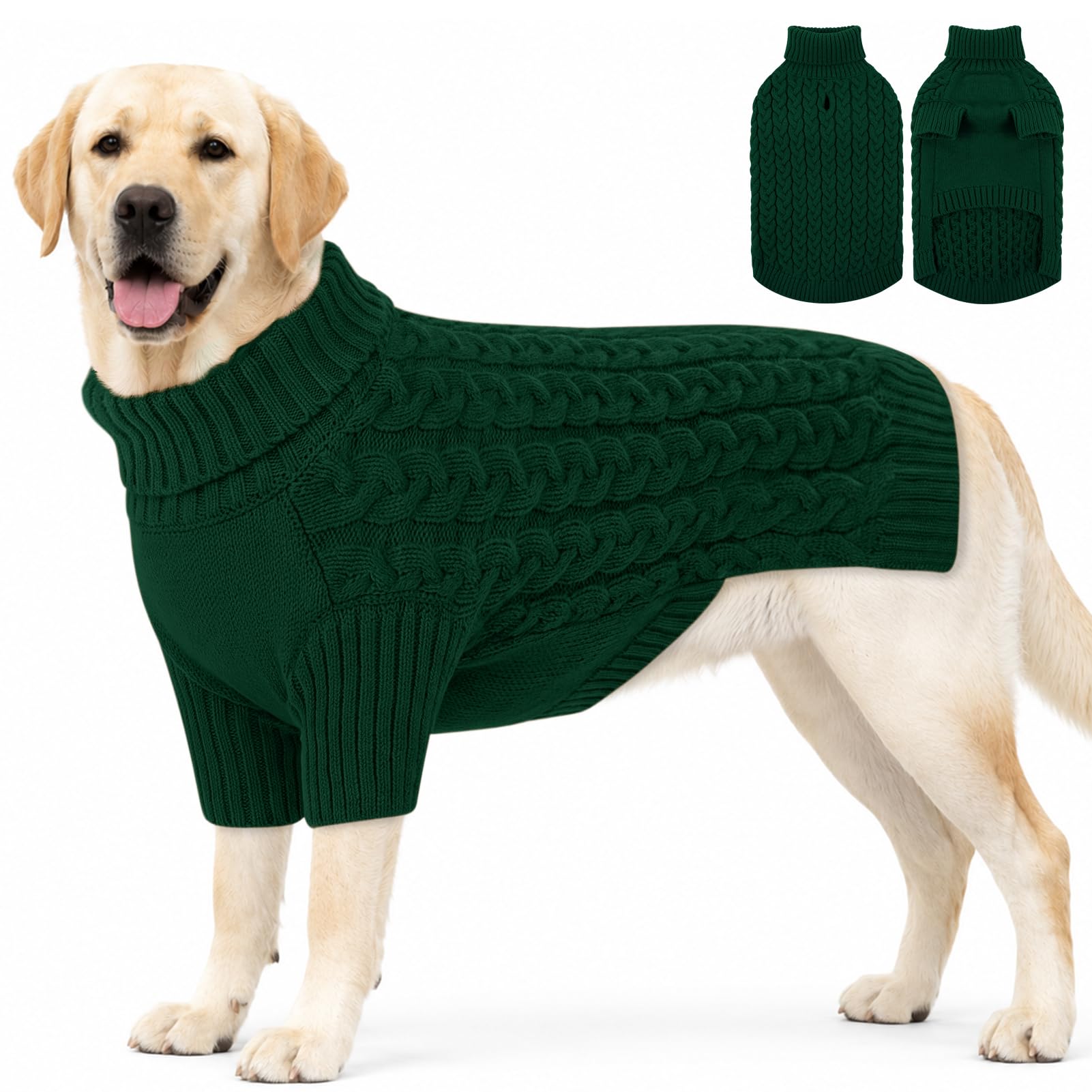 SAWMONG Hundepullover, Hundepullover für große Hunde, Mädchen und Jungen, Rollkragenpullover, gestricktes Hunde-Sweatshirt, Haustierkleidung für kaltes Wetter (Grün, Größe XXL