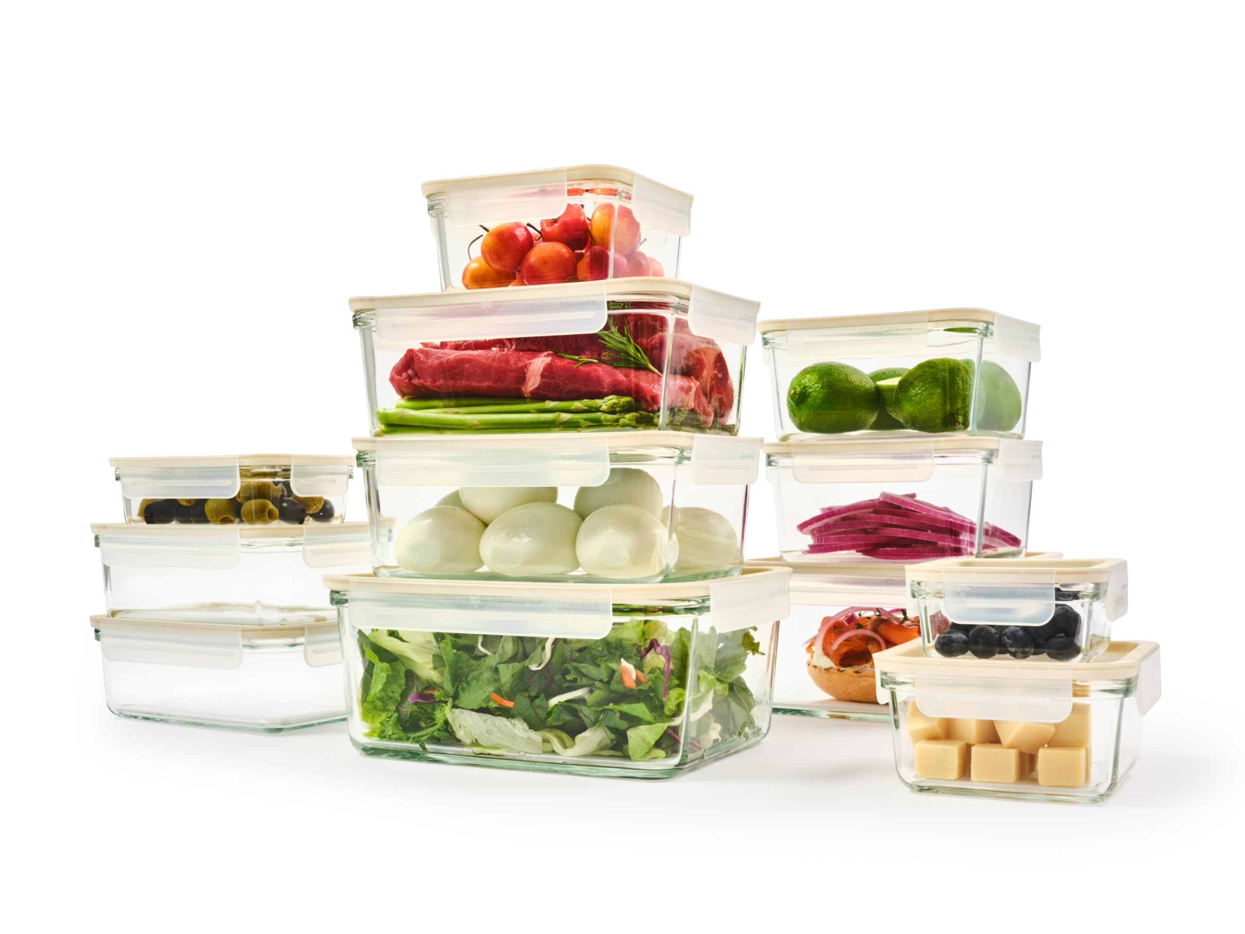 GLASSLOCK Sens 24Pcs Glass Food Storage Set – Airtight & Leakproof, 8 Different Sizes, Anti Slip Lid, Microwave & Oven Safe, Meal prep, Lunch Box, Nestable & Stackable, Pantry Storage