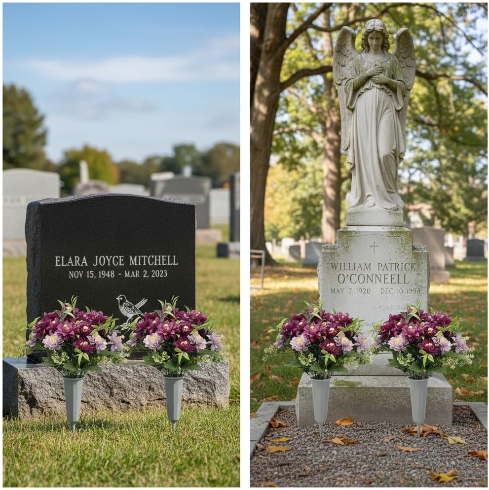 Cemetery Flowers for Grave,2 Pcs Peony Realistic Artificial Flowers For Outdoors,Memorial Flowers for Gravesite,Cemetery Decorations Spring Outdoor Gravesite Flowers with Vase(Purple&Pink, 2 Bouquets)