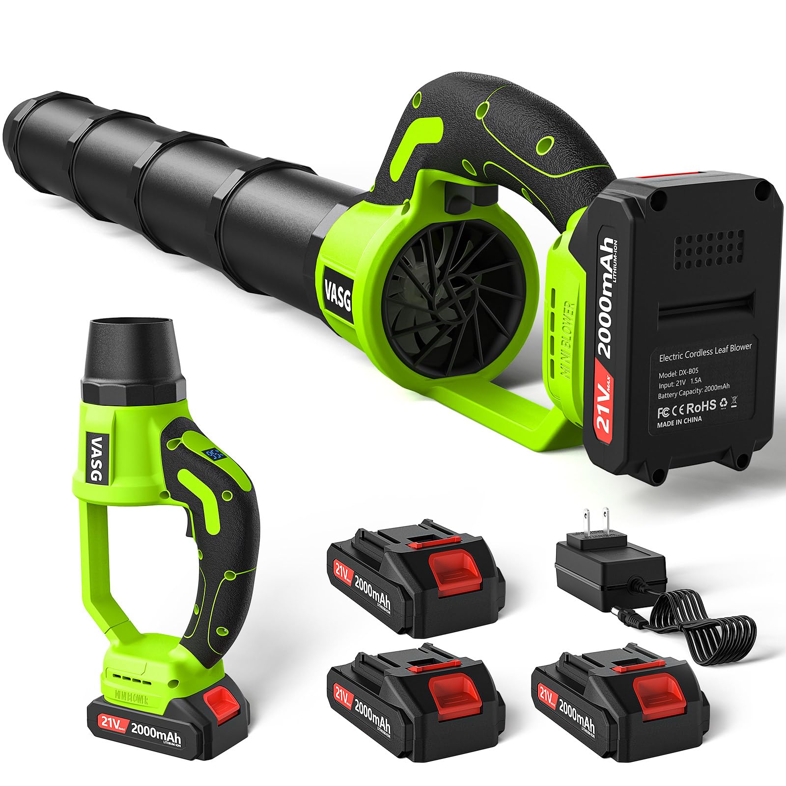 VASG Leaf Blower Cordless, 3 x 21V Batteries & Fast Charger Set, Variable Speed Mode, Lightweight Handheld Electric Leaf Blower for Lawn Care, Yard, Garden, Patio & Outdoor Cleanup