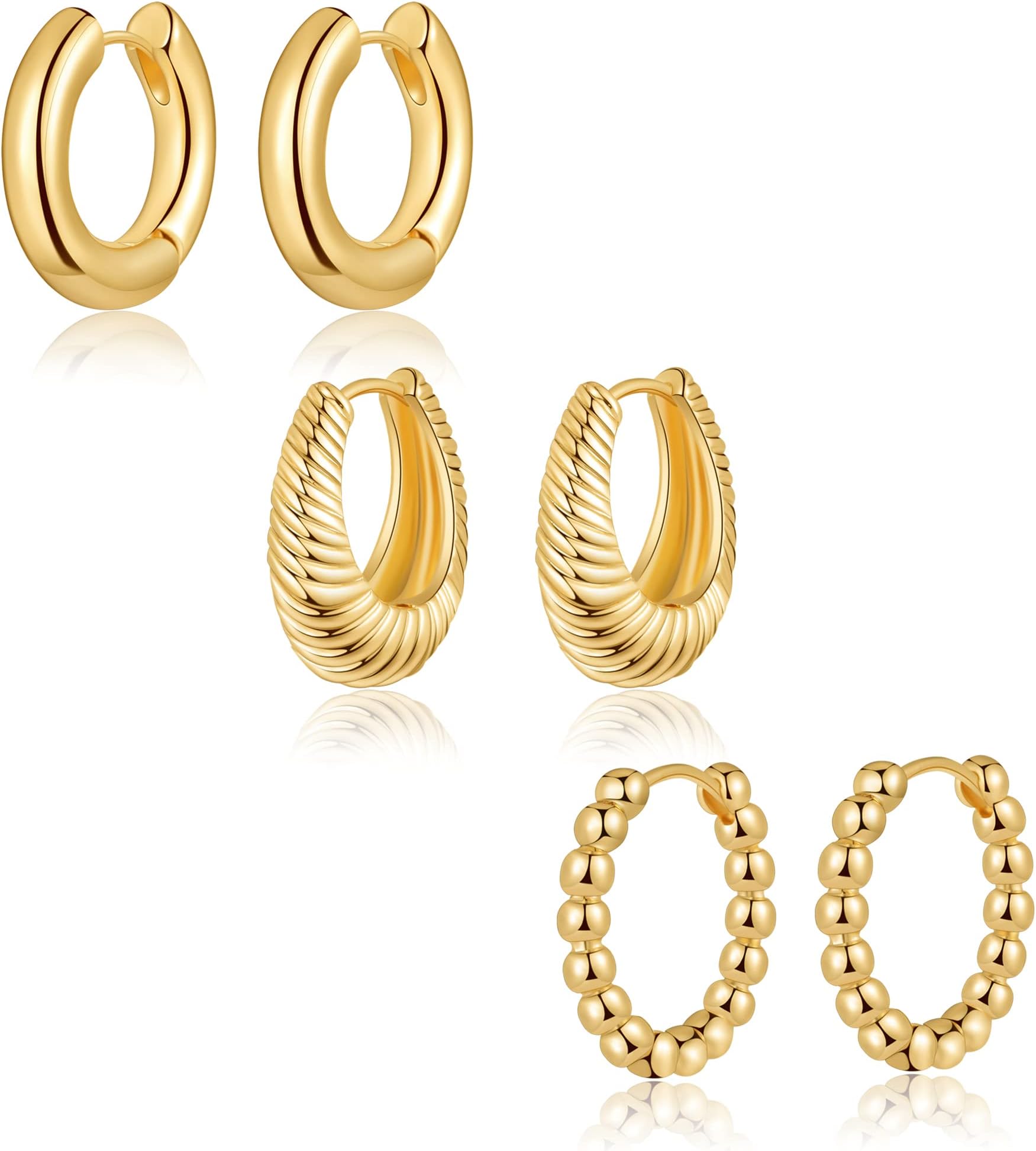 Senteria3 Pairs Gold Huggie Hoop Earrings Set for Women Girls,14K Gold Plated Cubic Zirconia Small Lightweight Chunky Chain Bead Ball Twist Square Hoop Earrings Jewelry Gifts for Women