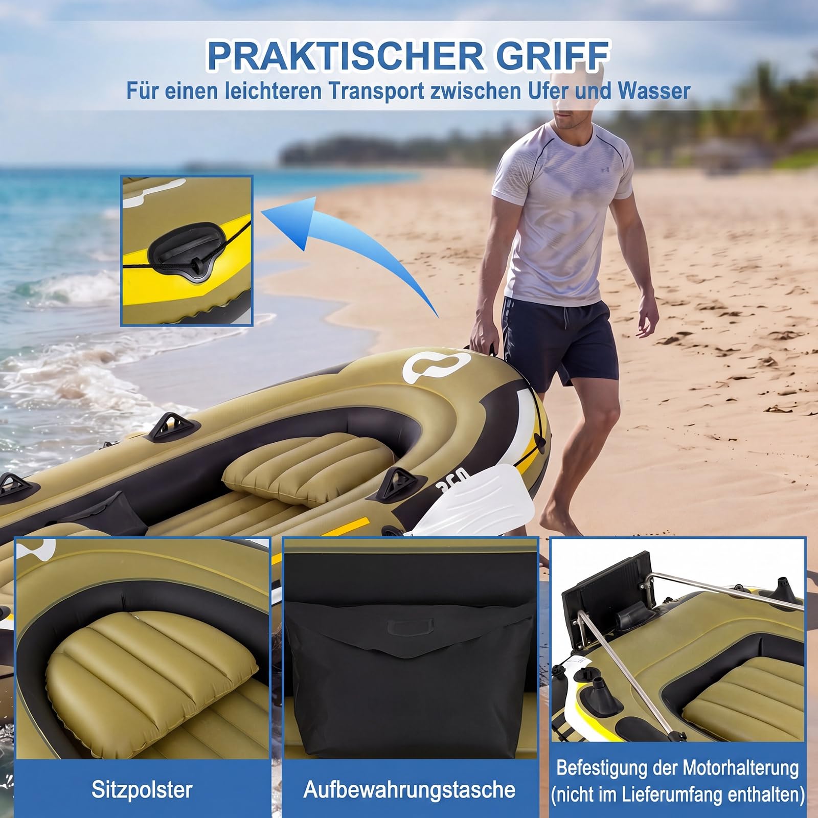 COSTWAY Schlauchboot für 3 Personen, aufblasbares Boot mit 2 Paddeln, Handpumpe, Fischmaßbändern & Angelrutenhaltern, 305 x 136 x 42 cm