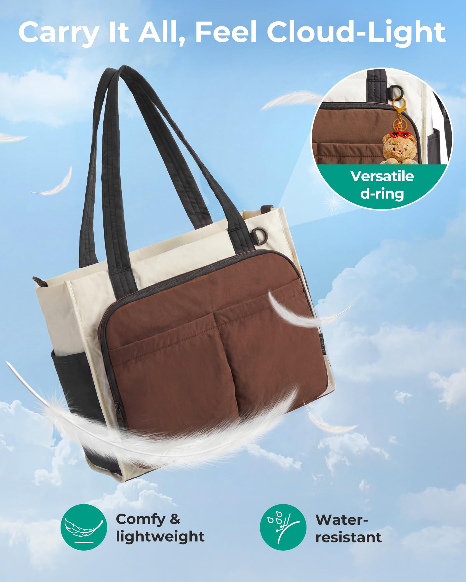 BAGSMART Tote Bag for Women Work, Puffy Travel Tote Handbag Gift for Teacher & Nurse | Medium-13" laptop, w/ 30oz cup holder, Large-15.6" laptop, w/ 40oz cup holder, For campus, work, mothers day gifts — view 6