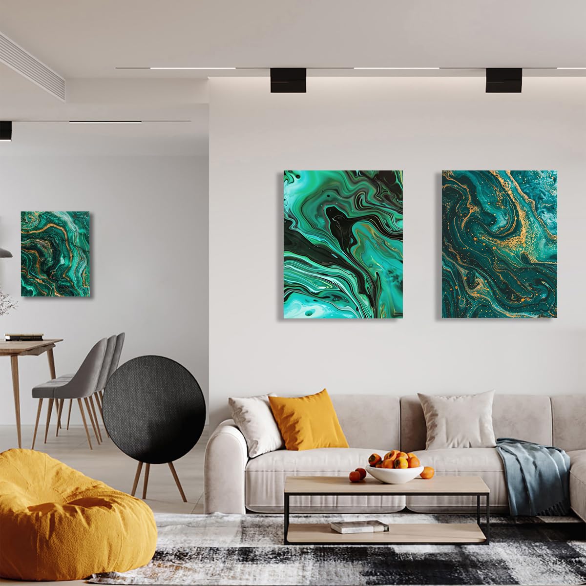 Verde esmeralda y oro arte mural abstracto decoración salón 40x60cmx3
