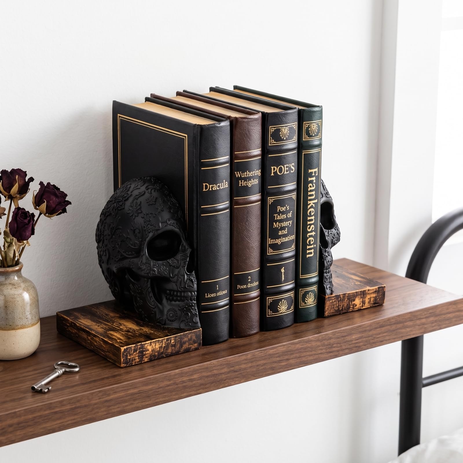 Skull Book Ends Gothic, Lifesize Human, wytrzymałe podpórki do książek na półki, ciężkie książki, czarna czaszka design podpórki do książek 7 x 5,1 x 6,3, upiorny wystrój