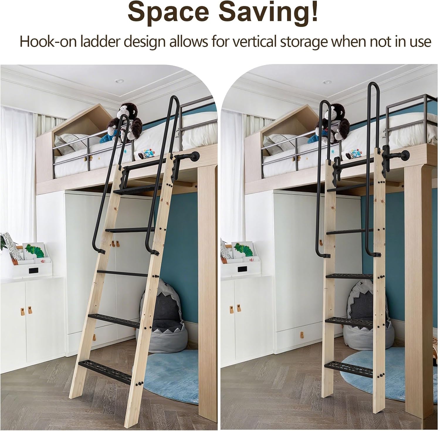 60inch Knotty Pine Wood Library Ladder with Black Metal Step and Handle, Includes 24inch Rustic Black Wall Mount Pipe Railing with Hooks(Suitable Installation Height 58-3/4")