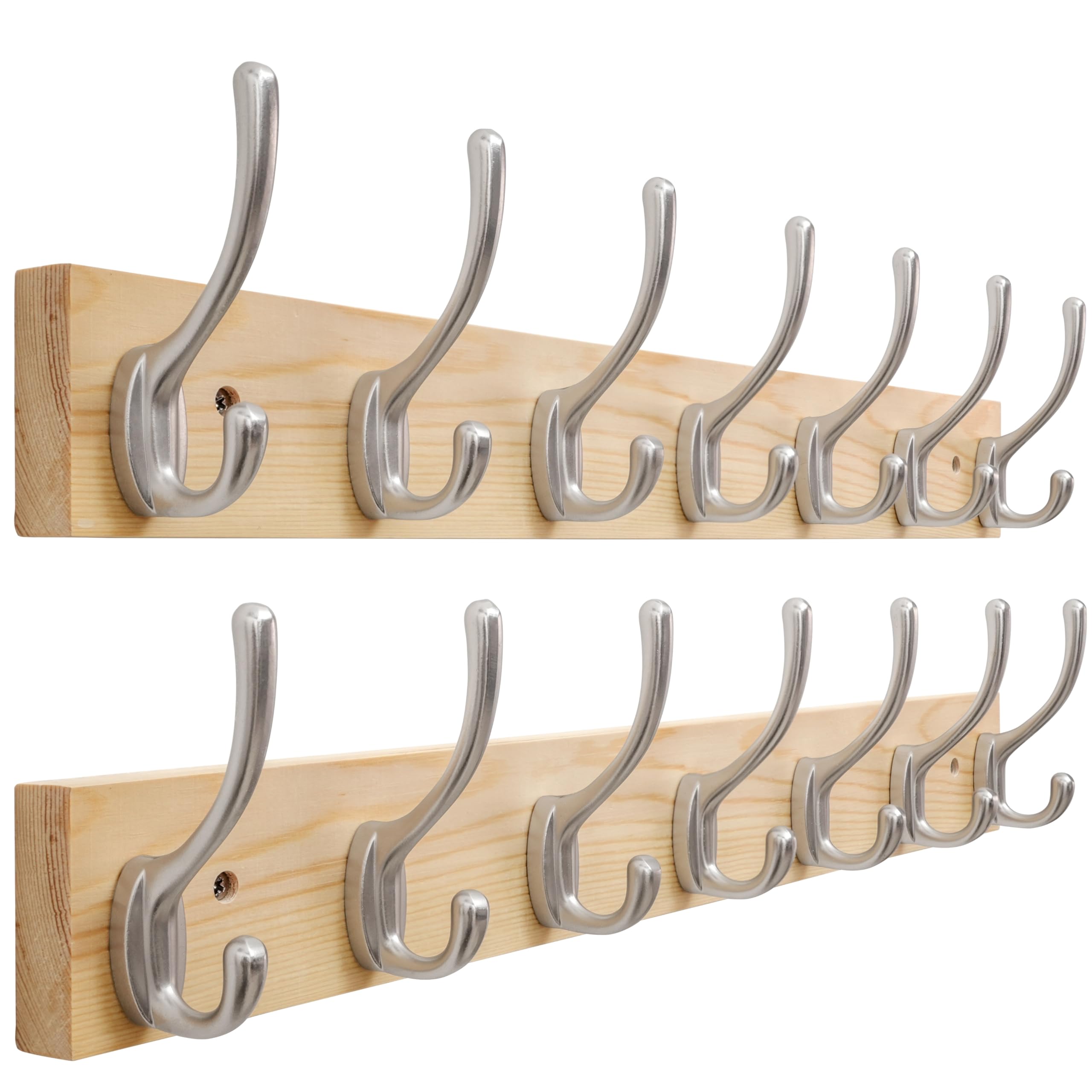 SKOLOO Solid Pine Wood Wall Mounted Coat Hooks, 50cm Long, Pack of 2, 7-Hook Modern Entryway Organizer with 16" Stud Installation, for Hallway, Bathroom, Kitchen (Natural Wood & Nickel Hooks)​