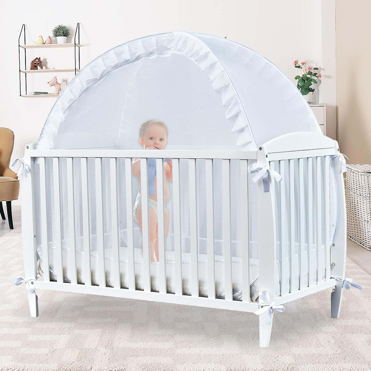 Crib Tent - Baby Crib Tent Safety Net, Pop Up Crib Tent to Keep Baby from Climbing Out, Soft Mesh Crib Cover, Stable and Firm X Design Mosquito Net, Crib Tent Canopy to Keep Toddler in, White 1st Generation White