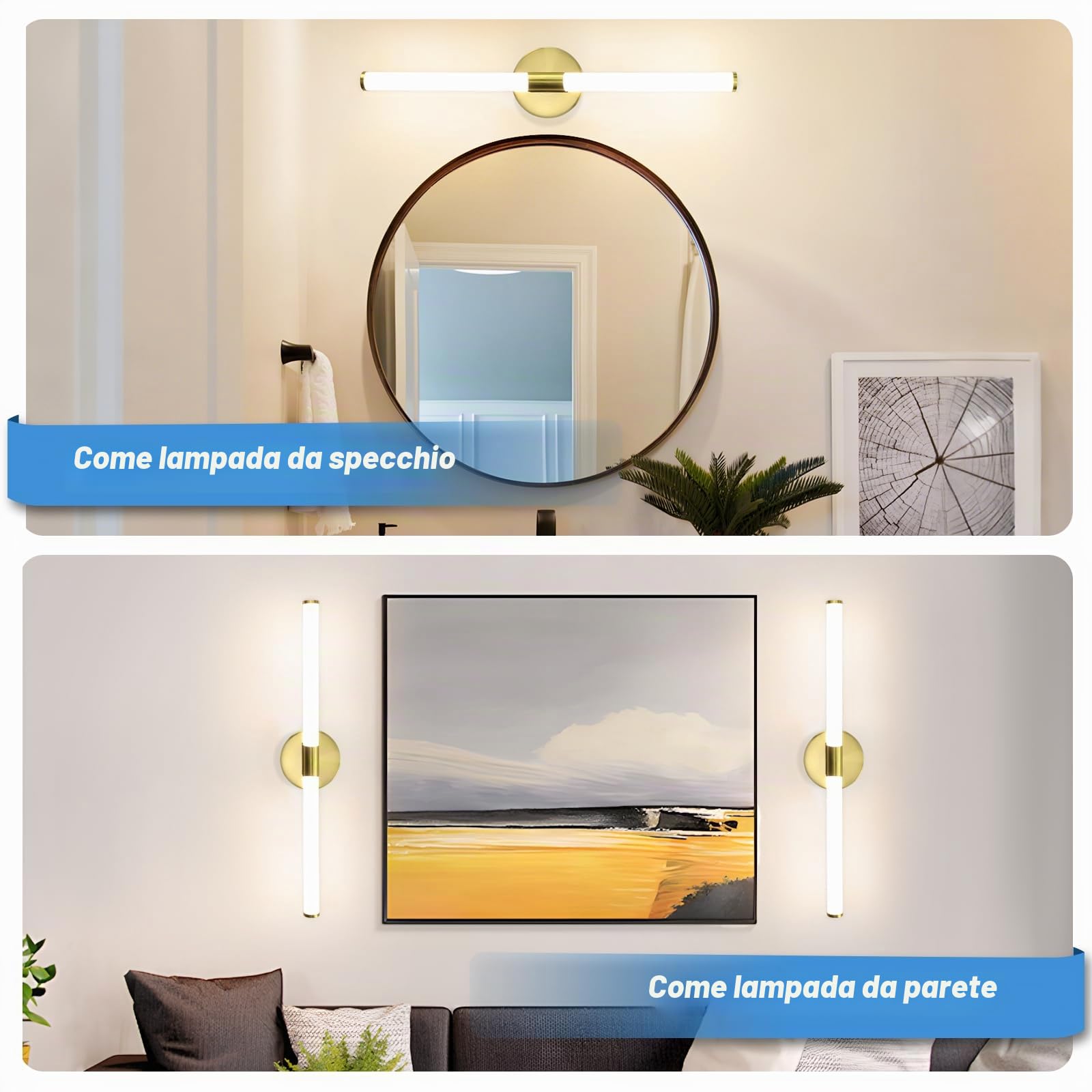 Lampada da parete a specchio a LED per bagno, in oro - 60 cm, 8 W, | 4000 K