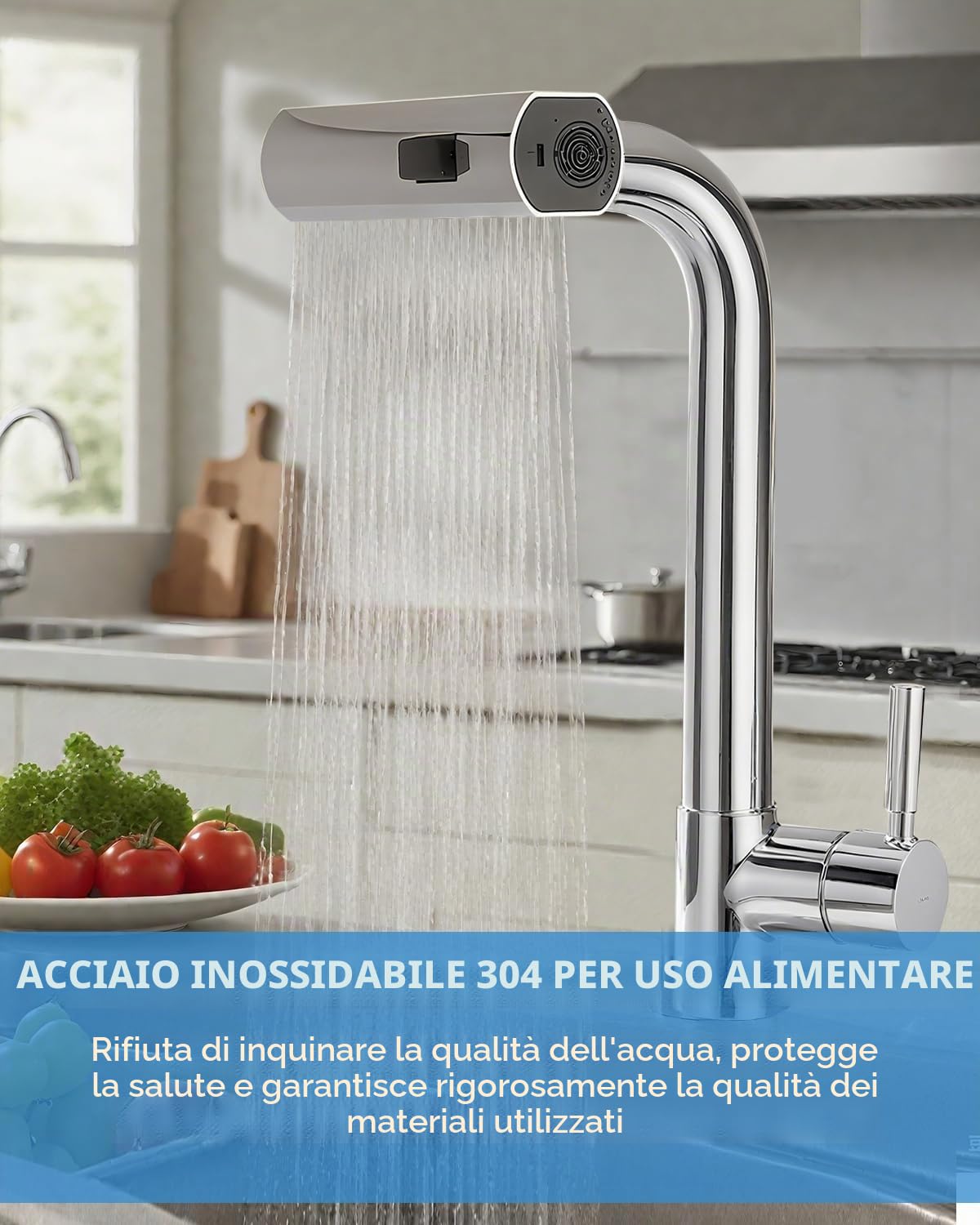 Rubinetto Lavello Cucina, Miscelatore Cucina con Doccetta Estraibile, Acciaio Inox Ad Alta Pressione Orientabile a 360° Monocomando,3 Modalità