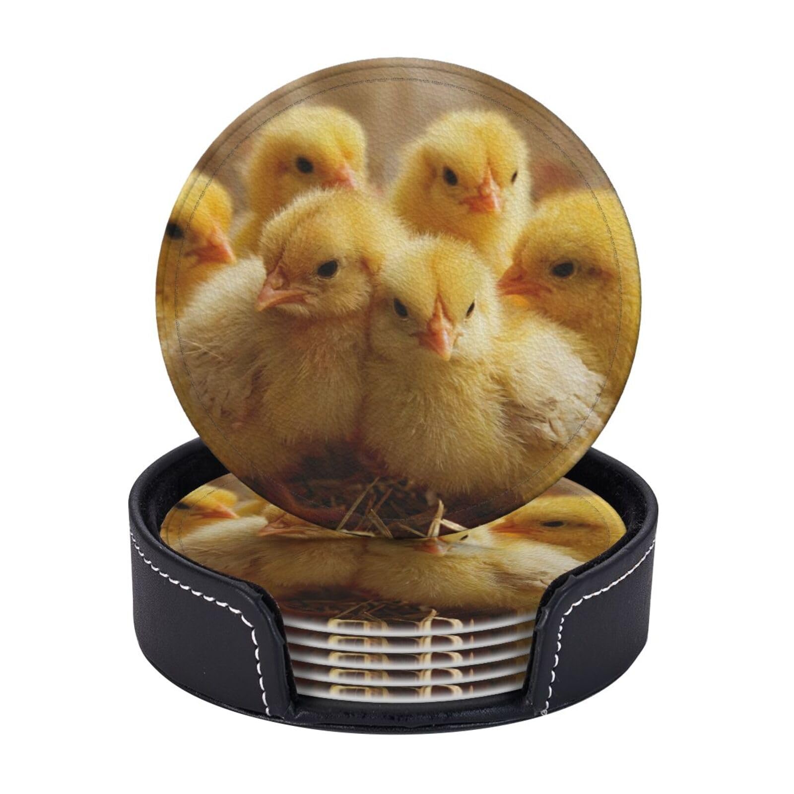 Coasters Set of 6 Leather Drink Coasters with Holder Little Chickens Coasters for Drinks Heat Resistant Coaster Round Coffee Cup Mat Pad for Kitchen Office Home Decor