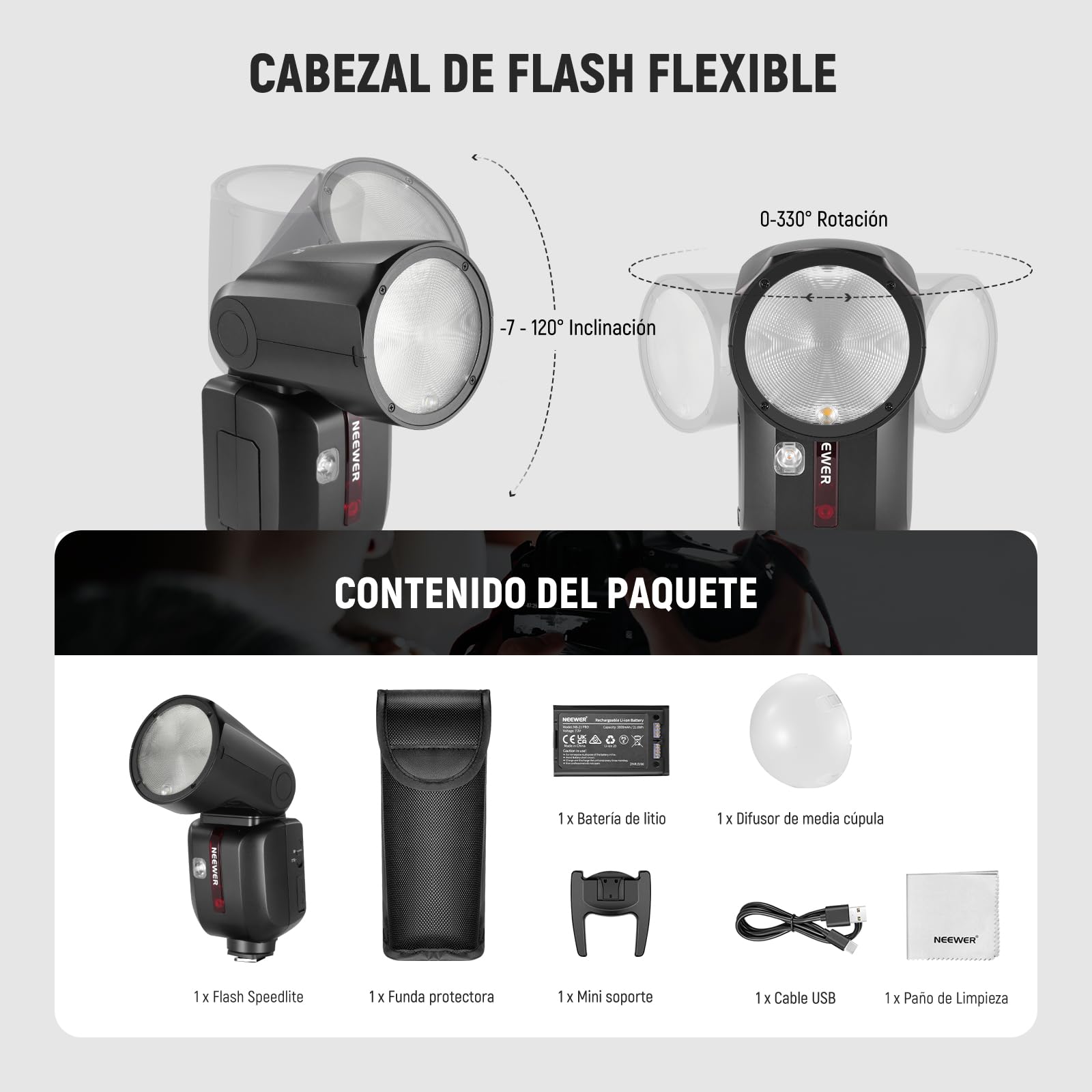 NEEWER Z2-N 2.4G TTL Flash Speedlite Cabeza Redonda Compatible con Nikon, 600 Flashes a Máx Potencia, 3000mAh, 76W 1/8000s HSS, 2 Lámparas Modelado, Difusor Luz, TTL/M Toggle Key para 2.4G Sistema Q