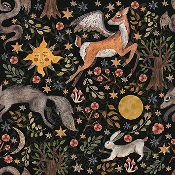 MuralPeel Dark Black Animals Sun Moon Wolf Rabbit Vintage Peel and Stick Wallpaper Self Adhesive Removable Easy Peel Off Contact Paper Stick on Wall Paper for Bedroom Cabinet Renter Friendly