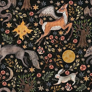 Dark Black Animals Sun Moon Wolf Rabbit Vintage Peel and Stick Wallpaper...