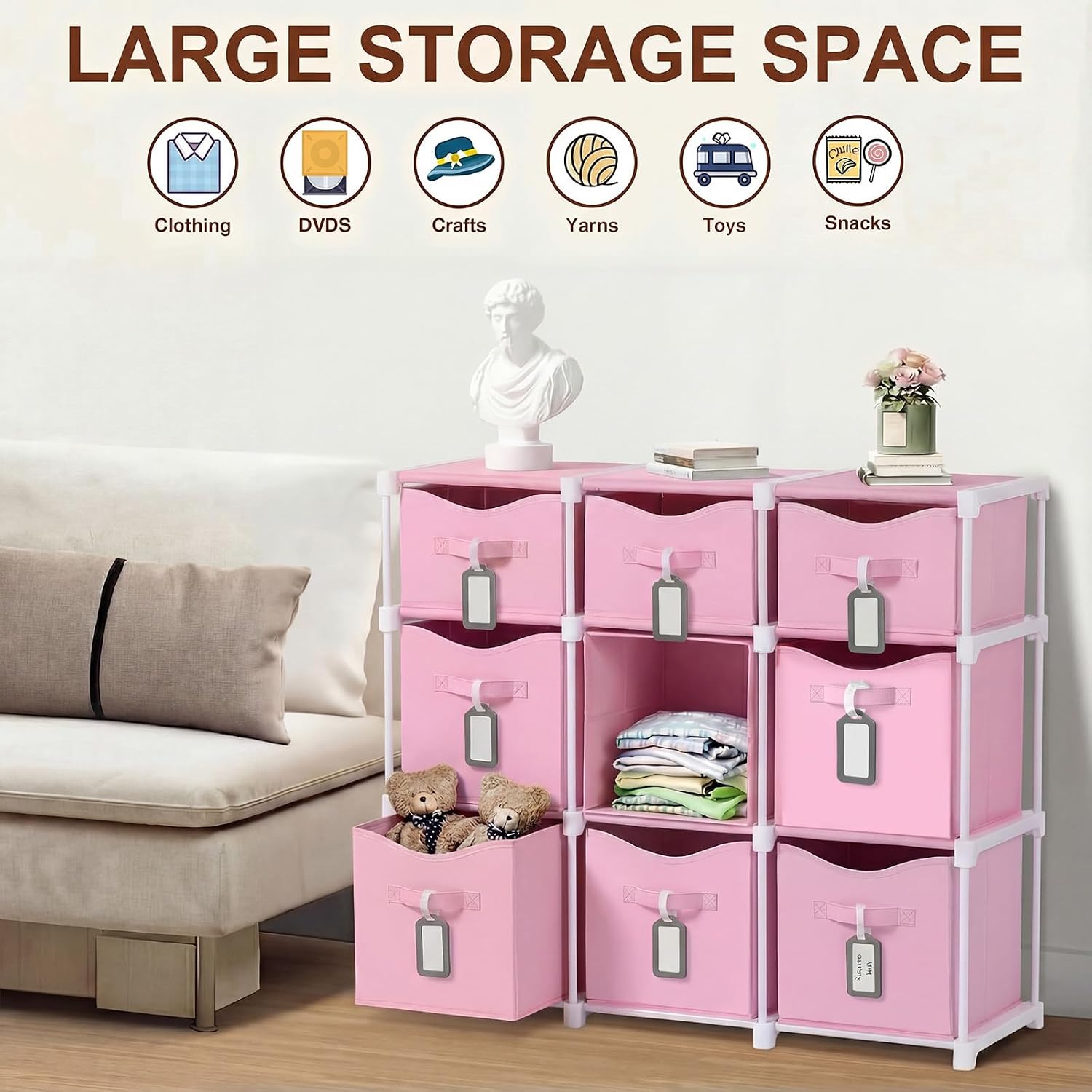 9 Cube Storage Organizer Shelf with Storage Bins and Label, 11 Inch Toy Cube Bins Clothes Closet Organizers Drawers for College Dorm Classroom Closet Clothes Book Essentials(Pink)