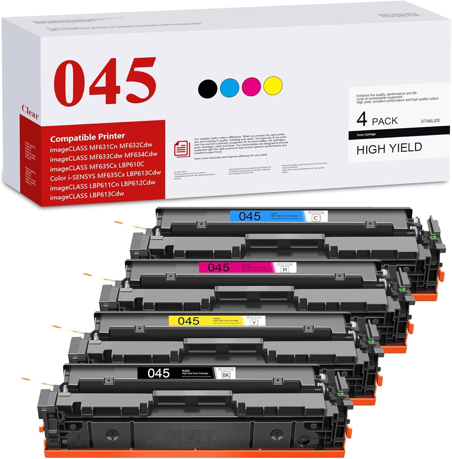 045 045H Toner Cartridge Set High-Yield 4-Pack(BK/C/M/Y) Replacement for Canon CRG-045 045H Toner Color imageCLASS MF631Cn MF632Cdw MF633Cdw MF634Cdw Printer