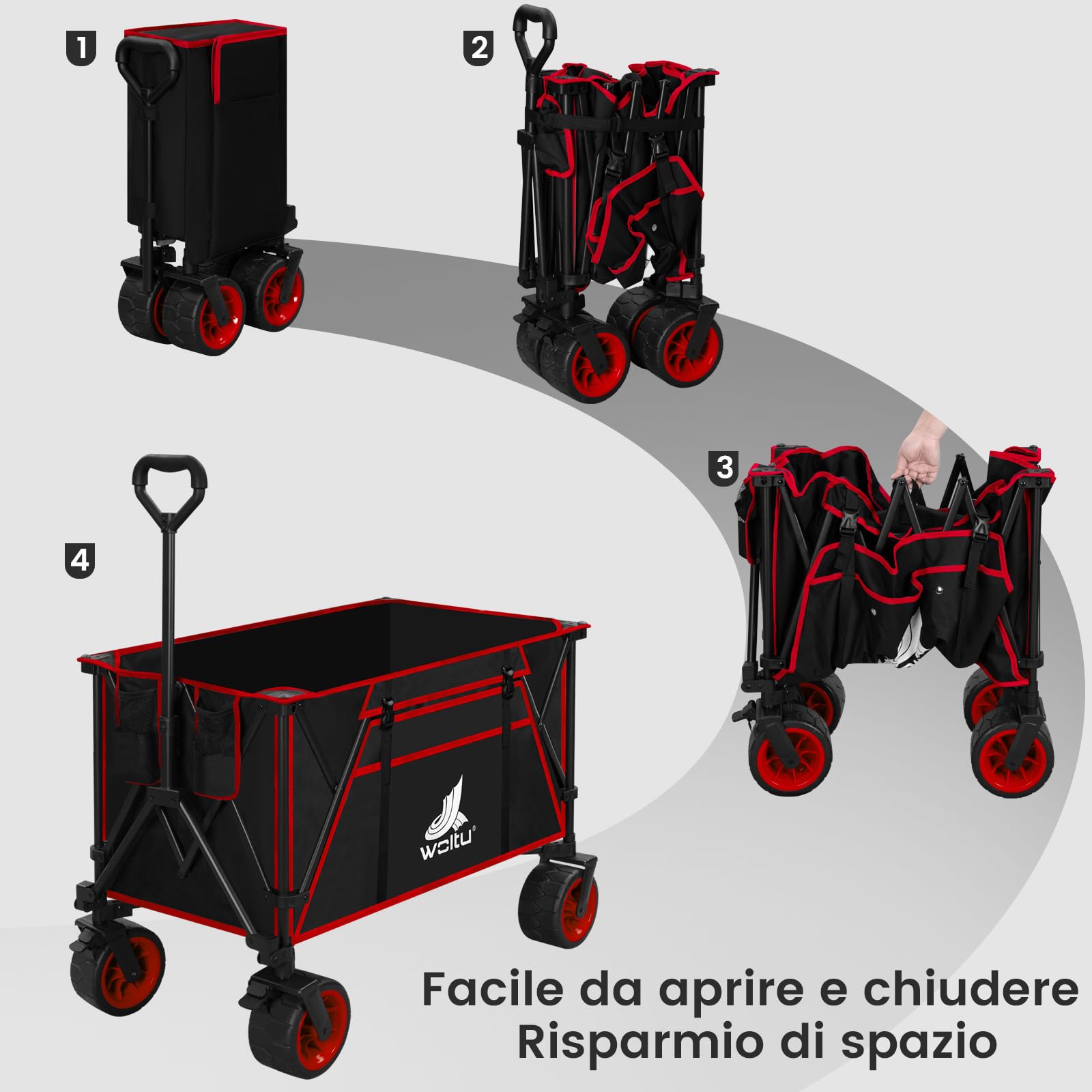 WOLTU Carrello Pieghevole con Ruote da Spiaggia, Giardino, Campeggio, Viaggio, Spesa, con Borsa di Trasporto, Oxford+Acciaio, Nero+Rosso