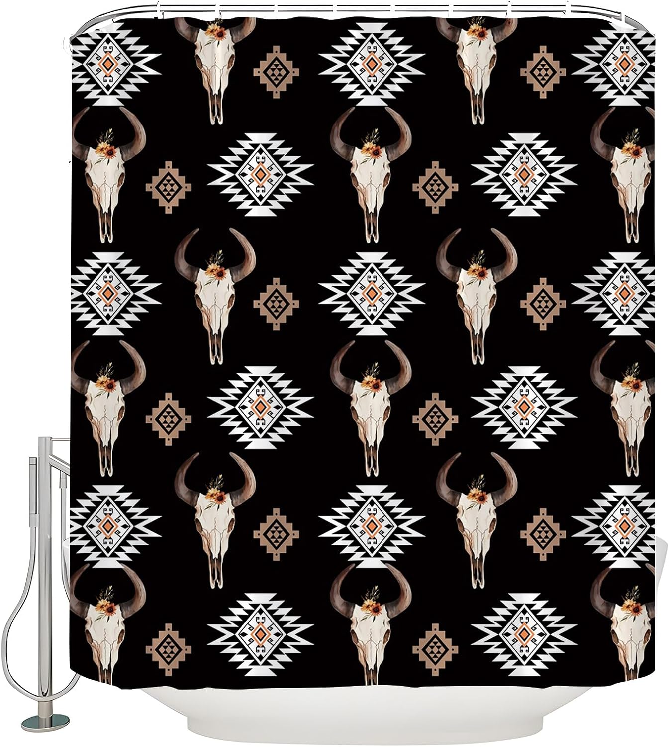 Western Bull Skull Shower Curtain Aztec Boho Retro Longhorn Cow Flower Farmhouse Southwest Ethnic Tribal Vintage Abstract Geometric Country Bathroom Curtain with Hooks