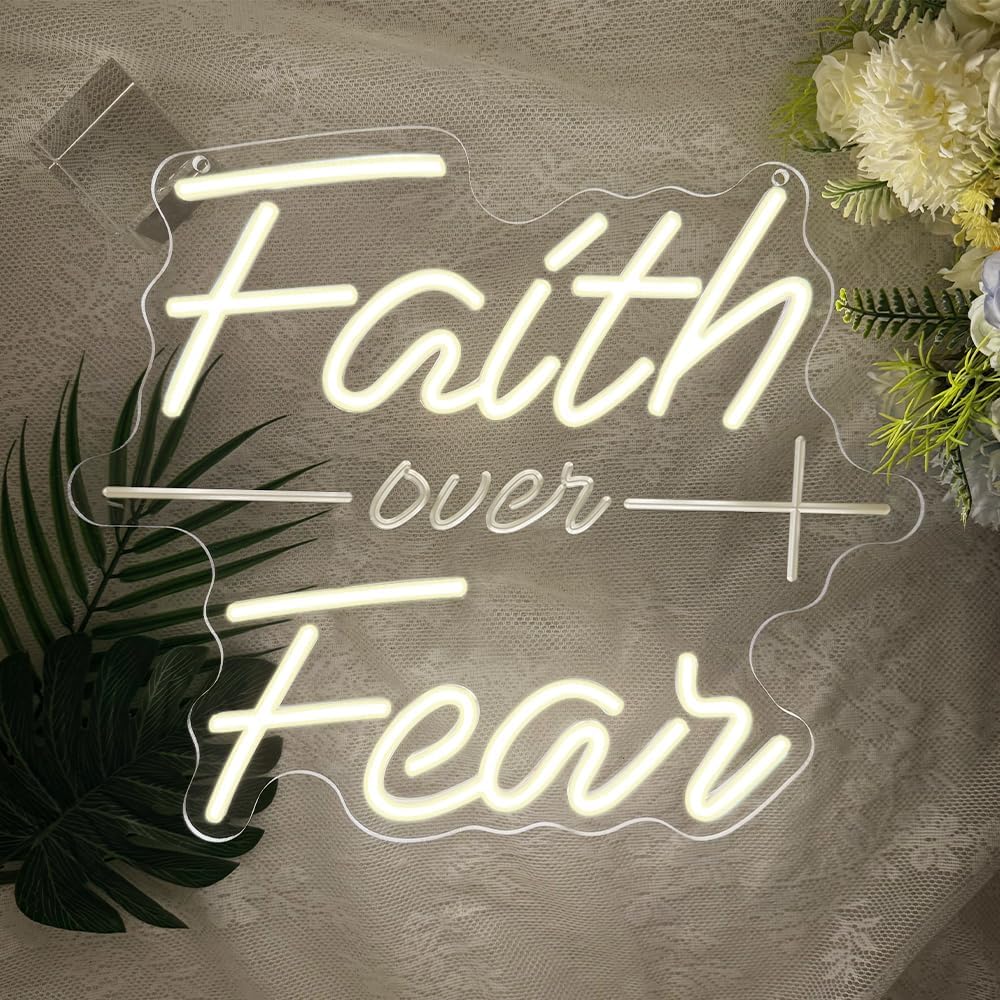 Faith Over Fear Neon Sign,Christian Dimmable LED Light Signs for Wall Art Decor,Warm White Backdrop for Bedroom Club Party Man Cave,Gift for Teen Men USB Powered(13.8"*11.6") - Image 2