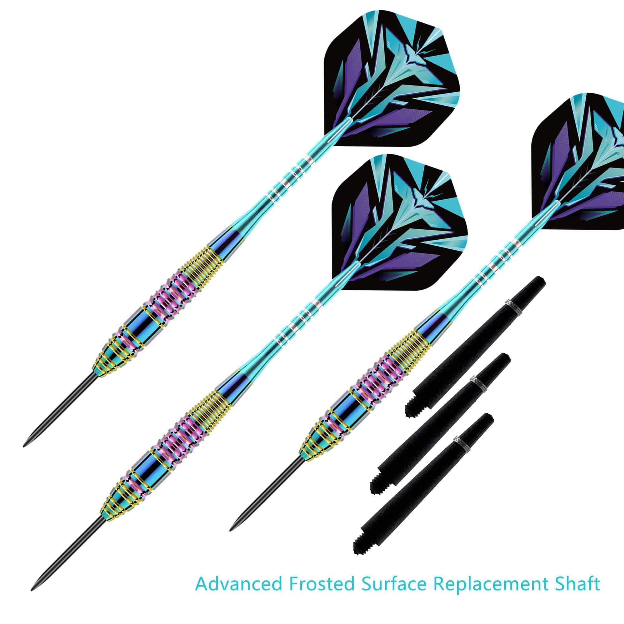 WinRoot 3 fléchettes 23g Fléchettes à Pointe Acier, Barillet Dégradé Multicolore, Tige en Aluminium Bleu, Ailettes Pet, avec Protège-Ailettes et Étui